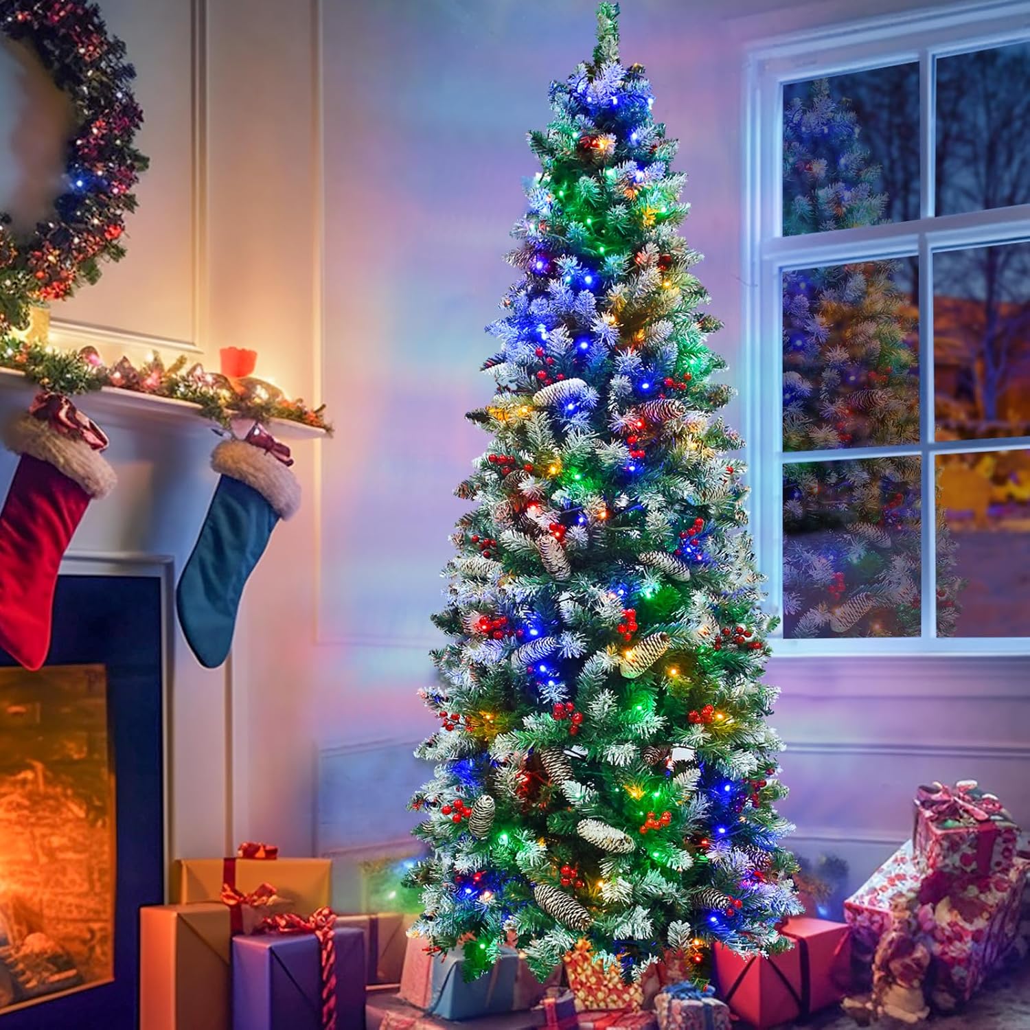 TURNMEON Árbol de Navidad preiluminado de 6.5 pies, 250 luces LED cálidas y coloridas
