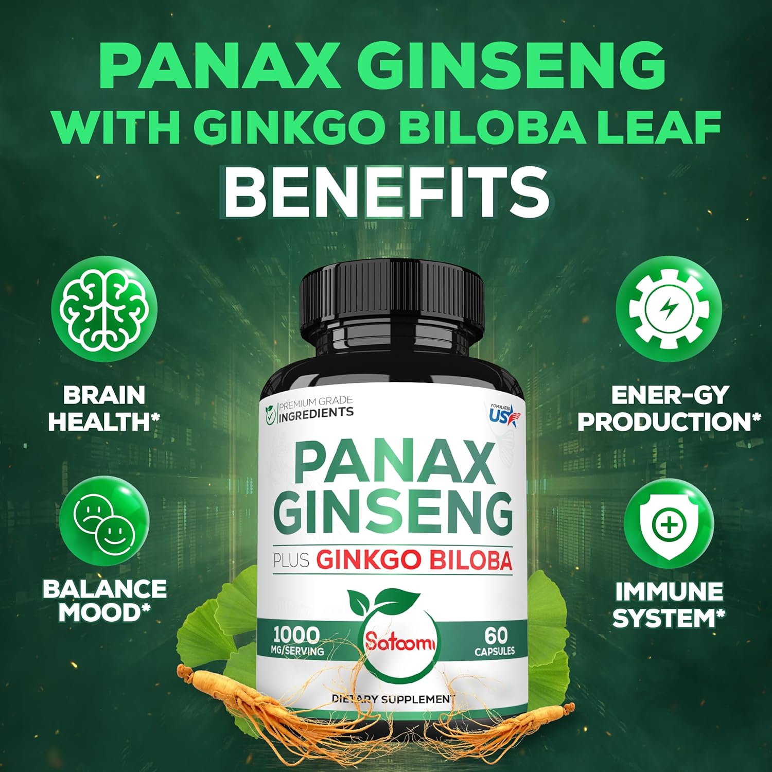 Suplemento de 1000 mg de Panax Ginseng y Ginkgo Biloba rojo coreano, 60 cápsulas veganas, sin gluten, sin OMG, producción de energía, salud