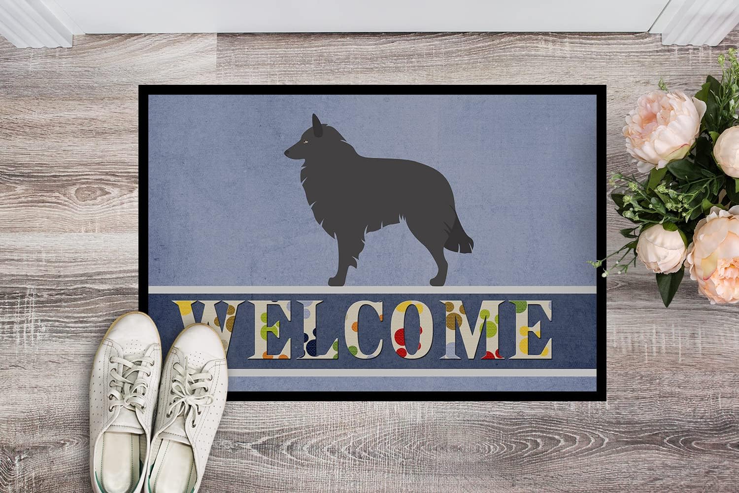 Caroline’s Treasures BB8301MAT Groenendael – Felpudo de pastor belga de 18 x 27 pulgadas, tapete azul para puerta delantera, para interiores y