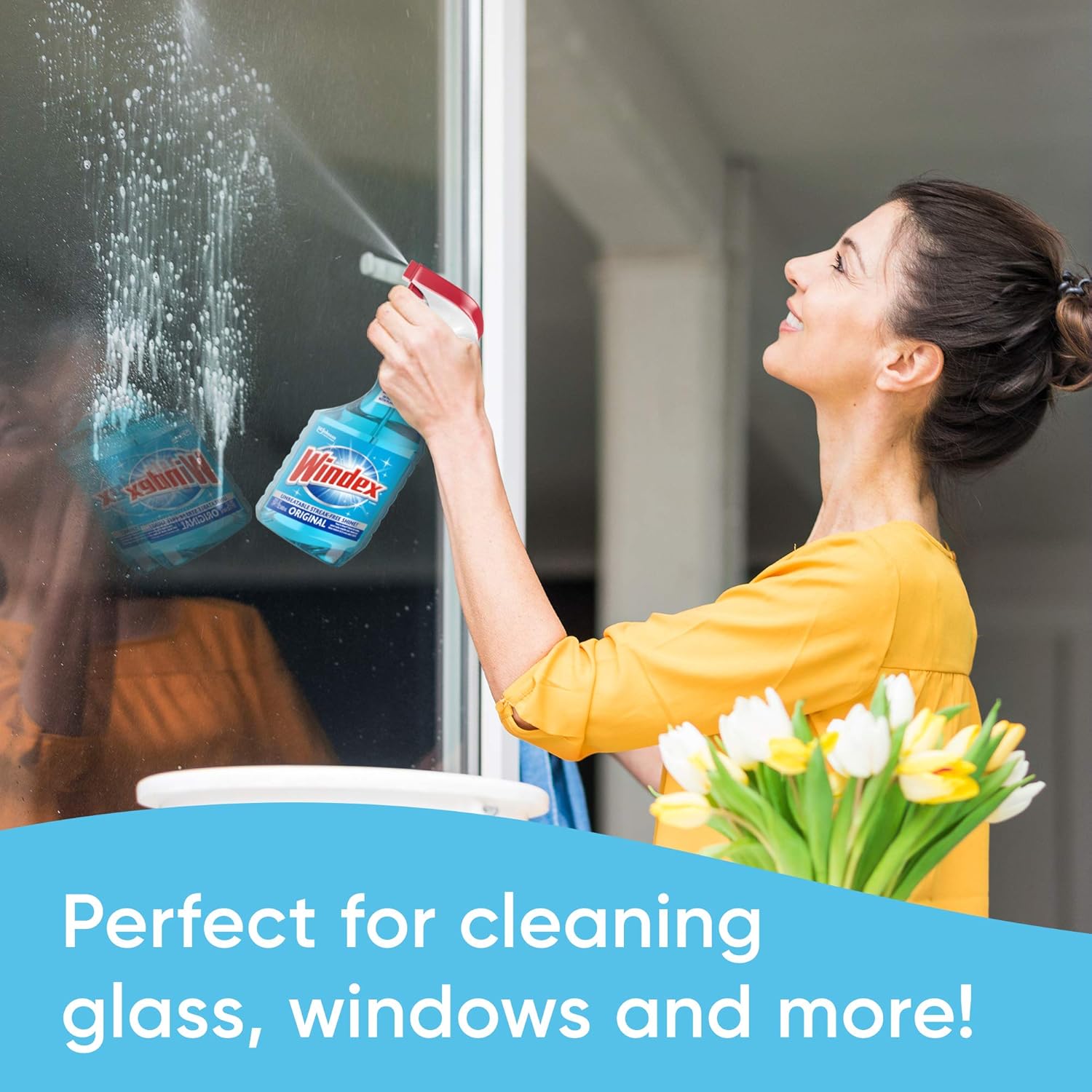 Windex Botella de spray limpiador de vidrio y ventanas, nuevo embalaje diseñado para evitar fugas y roturas, color azul original, 23 onzas líquidas