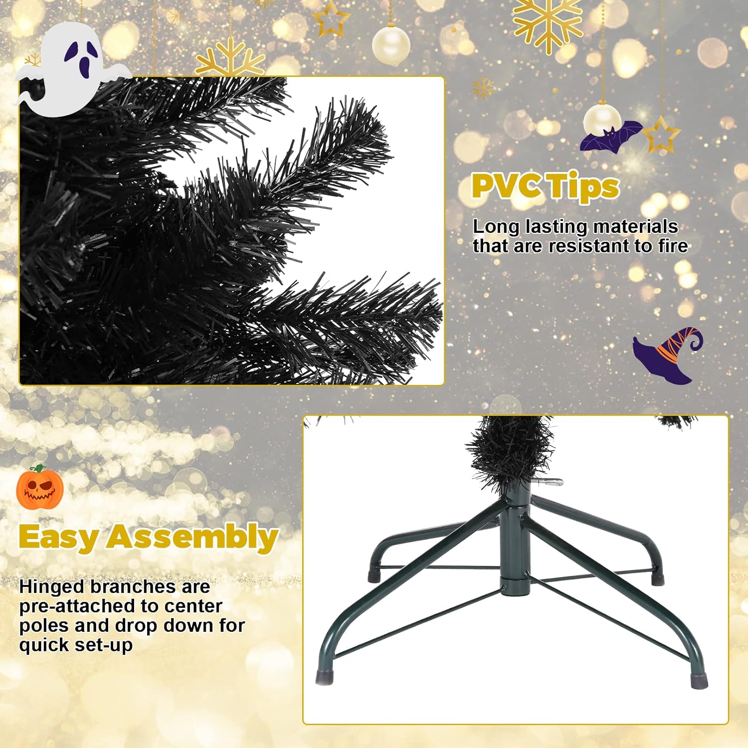 Árbol de Halloween artificial negro de 7.5 pies, sin luz, árbol de Navidad de abeto con bisagras de alta calidad con 1346 puntas de ramas y soporte