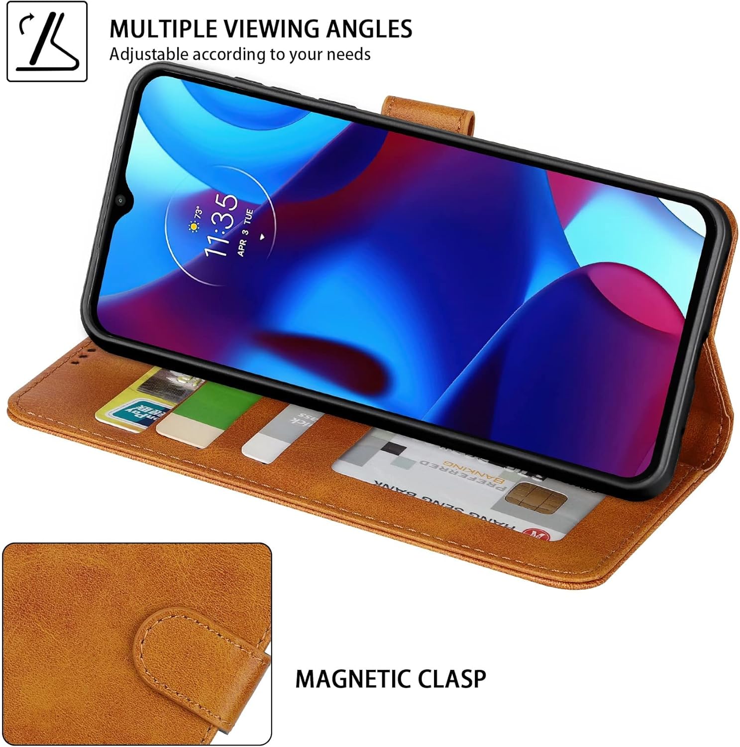 Funda para Moto G Pure (2021)Moto G Power (2022)Moto G Play (2023) Funda de piel sintética con tapa 3 ranuras para tarjetas, 1 bolsillo para dinero