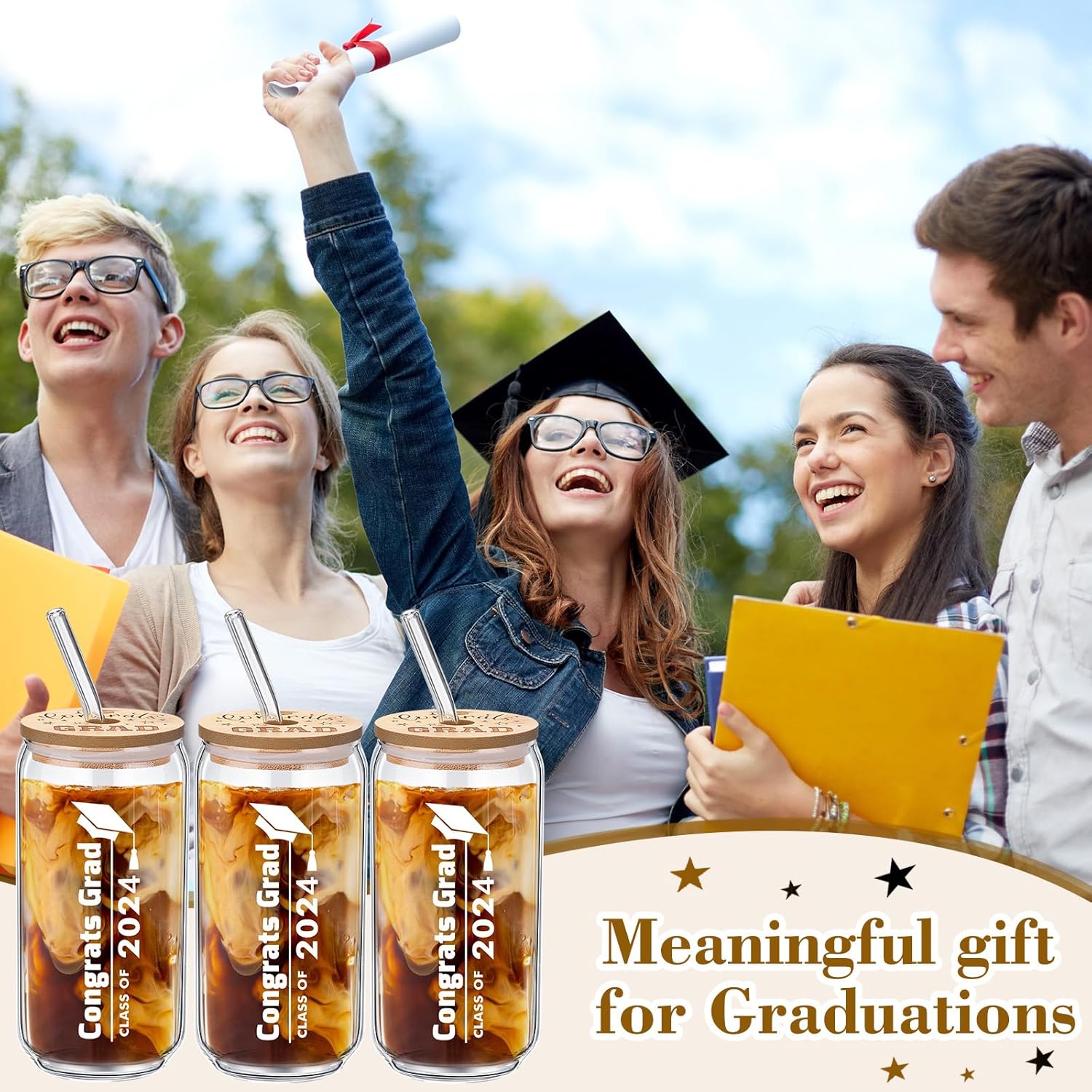 12 vasos de vidrio con tapas de bambú y popote de vidrio para ella y él, regalos de graduación de graduación de maestría universitaria, 16 onzas,