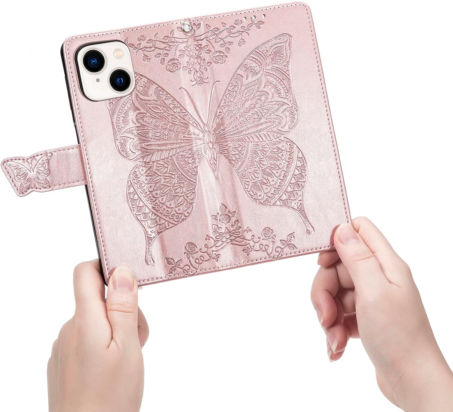 Funda tipo cartera para iPhone 14 Plus, con estampado de mariposas y flores en relieve, funda de cuero tipo cartera con tapa protectora con ranuras