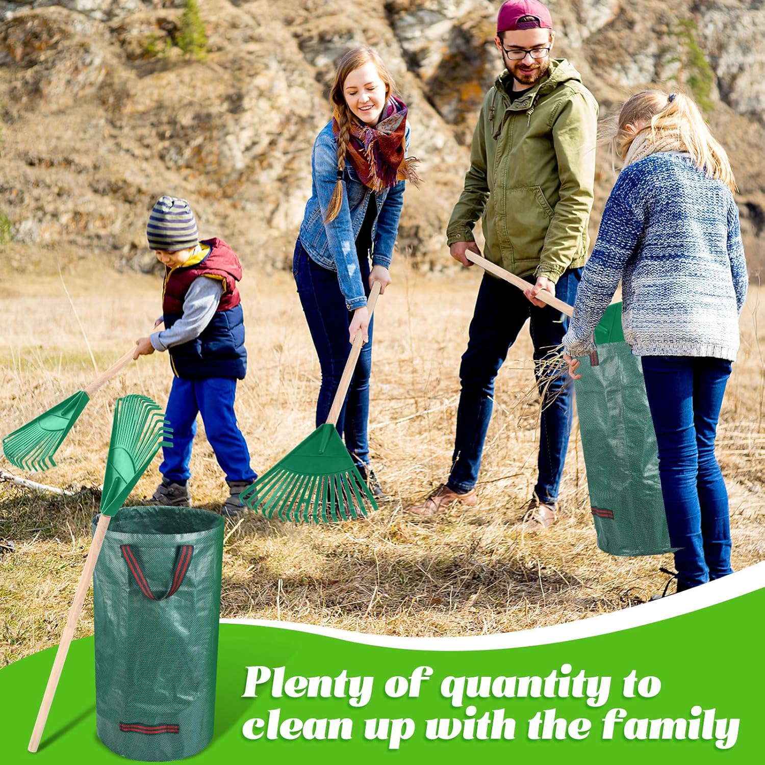 4 rastrillos para niños de 38 pulgadas con mango de madera desmontable y 2 bolsas reutilizables de 32 galones para desechos de jardín, rastrillos de