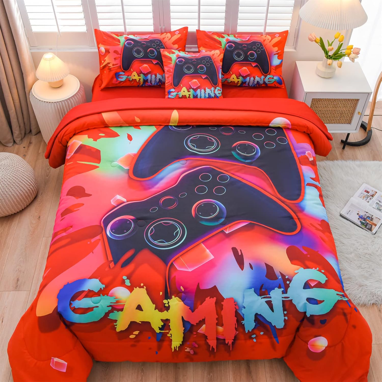 Aimuan Juego de ropa de cama con estampado de consola de videojuegos en 3D para niños, consola de juegos, botones de acción, controlador de juegos