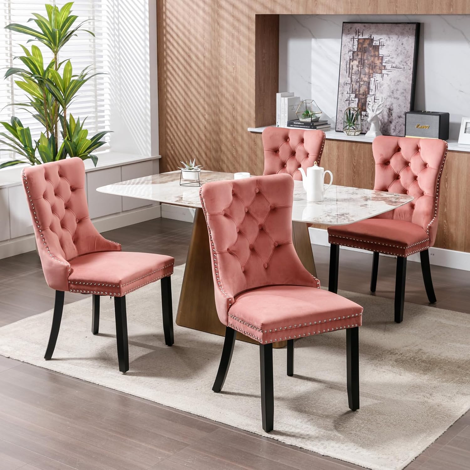 Juego de 2 sillas de comedor tapizadas, sillas de comedor de terciopelo con patas de madera, ribete de cabeza de clavo, sillas decorativas copetudas