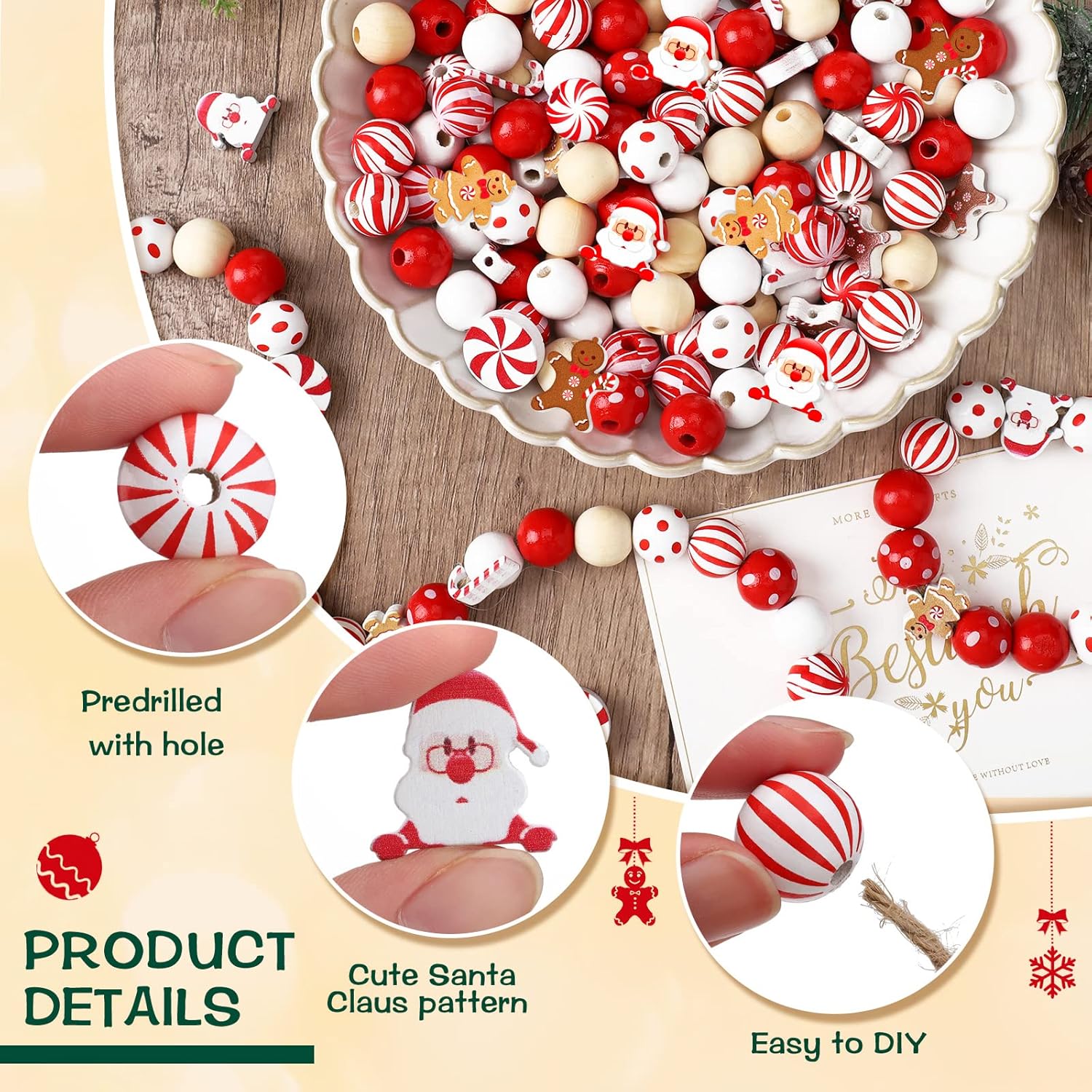 200 cuentas de madera y 4 recortes de bastón de caramelo y pan de jengibre para decoración de guirnaldas navideñas