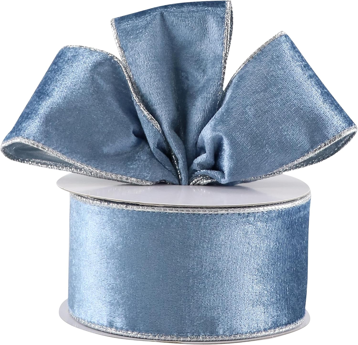 Cinta de terciopelo azul polvoriento con alambre de 2.5 pulgadas x 10 yardas, cinta azul de Navidad con alambre con parte trasera metálica plateada