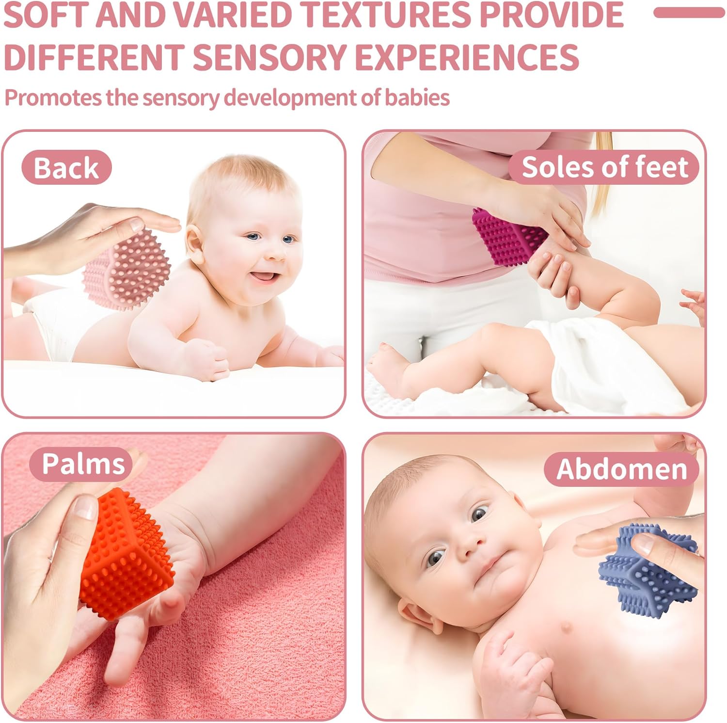 ROHSCE Pelotas sensoriales suaves y puntiagudas, juguetes Montessori, bolas de bebé de 6 a 12 meses, formas geométricas texturizadas para el
