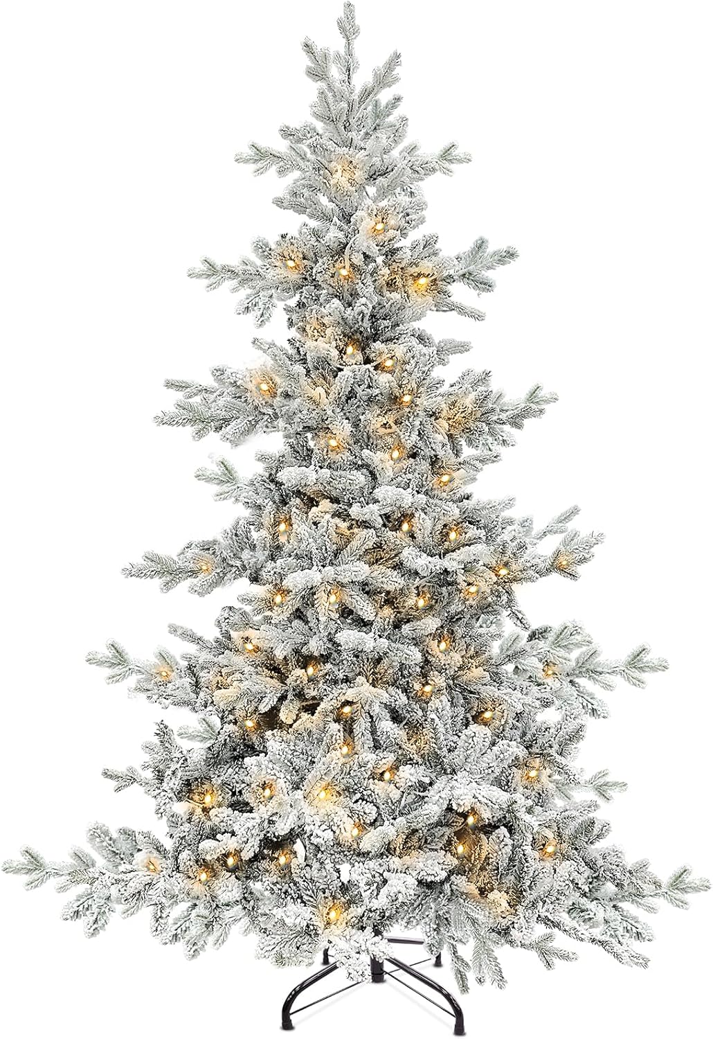 Árbol de Navidad artificial de Aspen flocado de 6 pies, 965 puntas nevadas, 340 luces, muy flocado, soporte de metal, decoración navideña