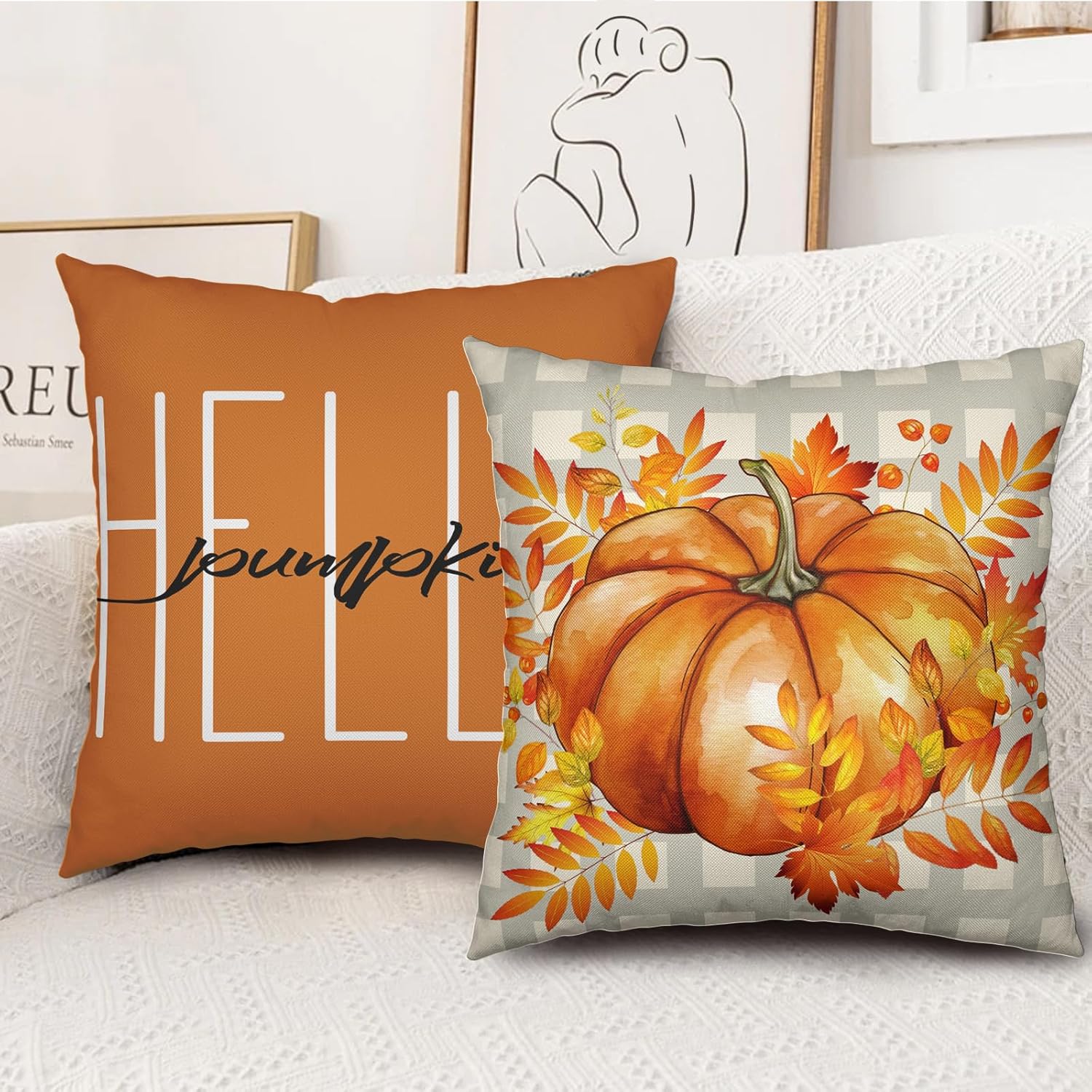 Juego de 2 fundas de almohada decorativas de otoño de 20 x 20 pulgadas, con hojas de arce, calabaza, casa de campo, fundas de almohada de lino
