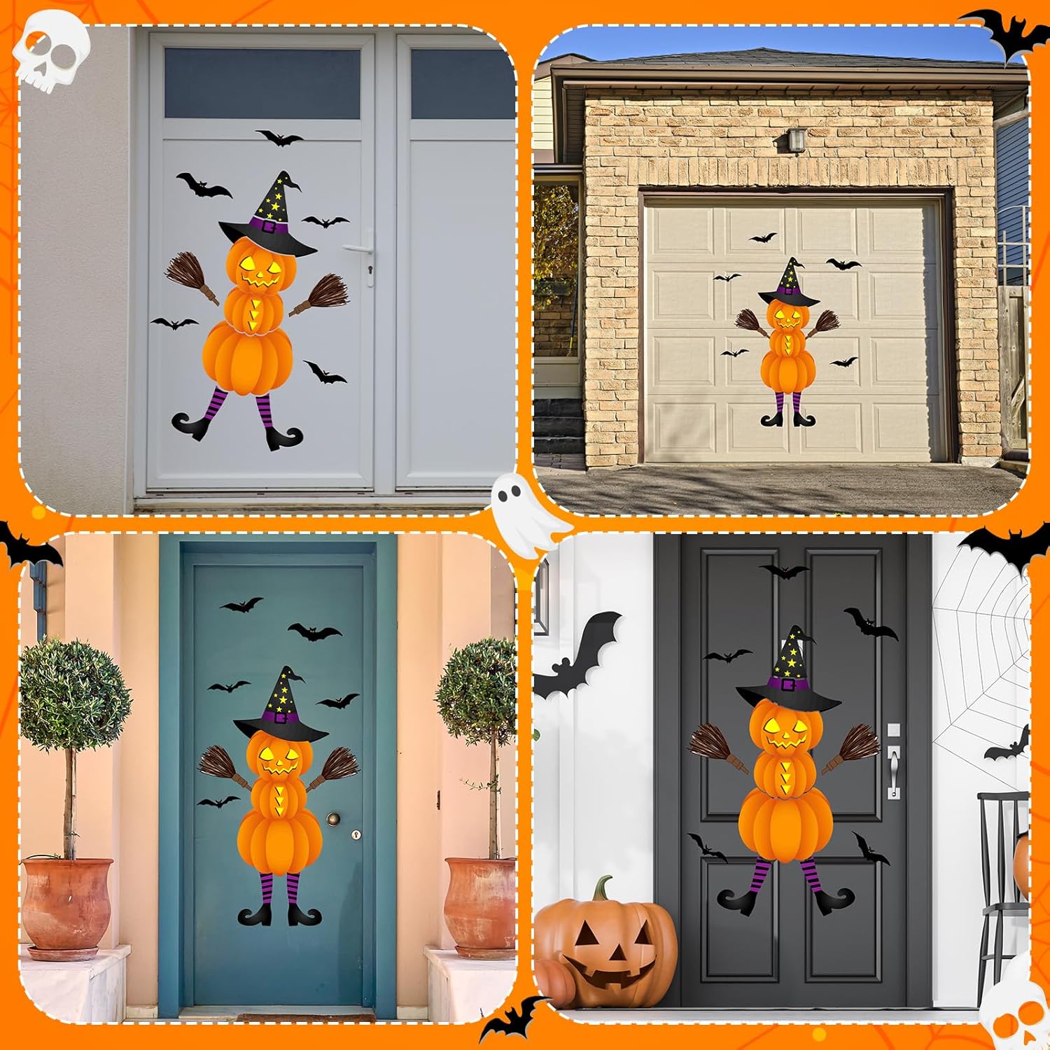 14 imanes de Halloween para puerta de garaje, decoraciones de calabaza de 42.5 pulgadas, decoración de puerta de calabaza grande, murciélago,