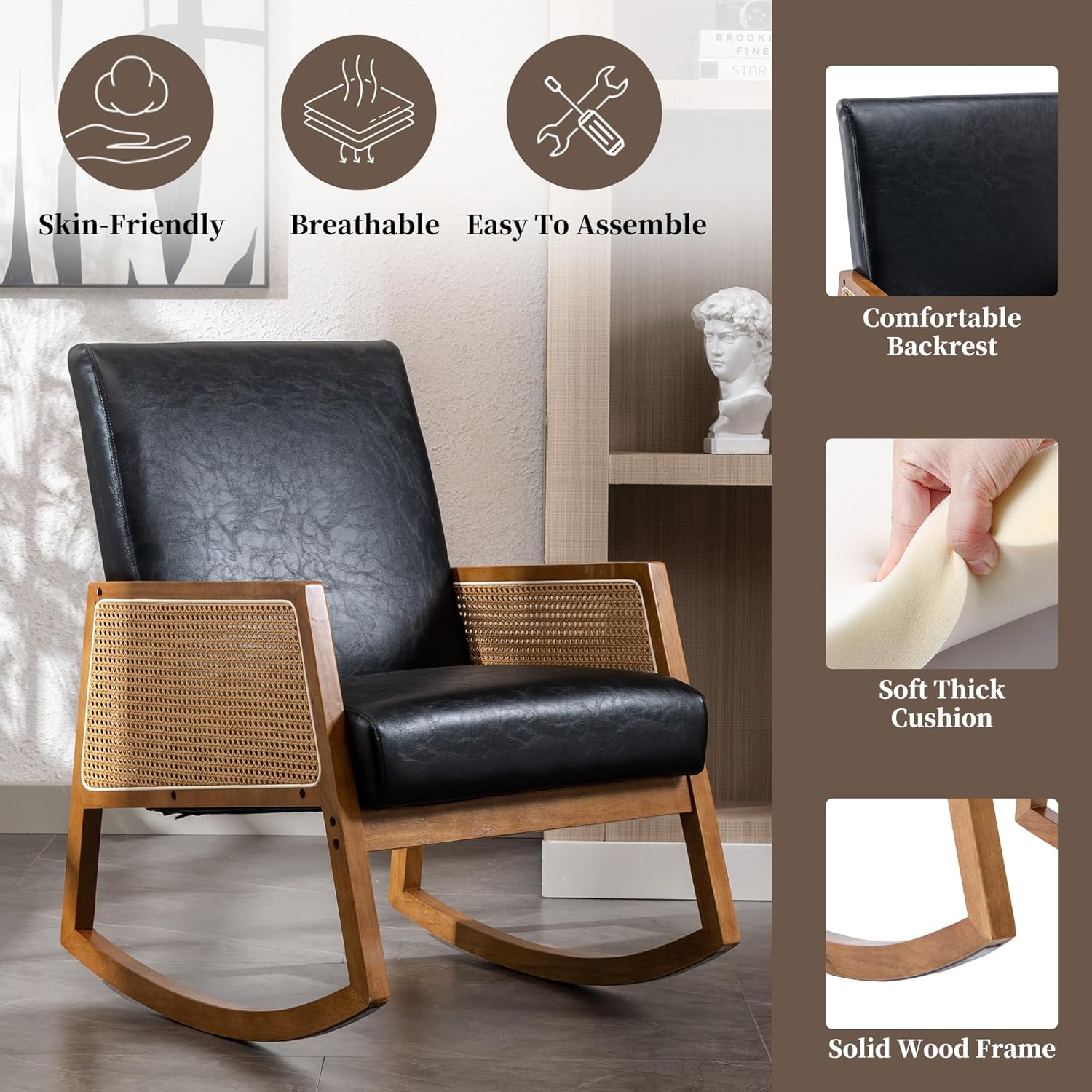 Mecedora moderna, mecedora de piel sintética con asiento acolchado, base de madera maciza, cómoda silla con respaldo alto para sala de estar,