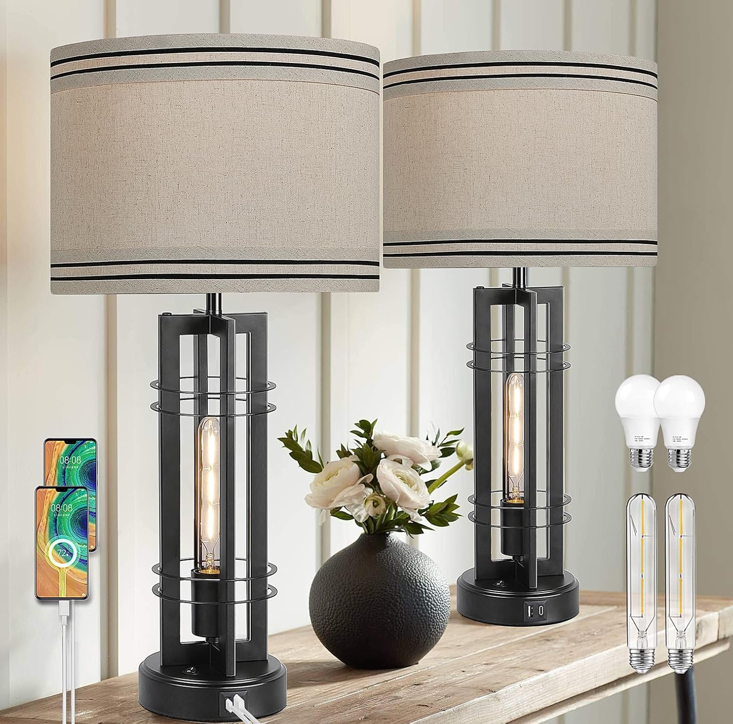Lámparas de mesa de 27 pulgadas con 2 luces para sala de estar, control táctil, juego de 2 lámparas de mesa altas, lámparas de mesa regulables de 3