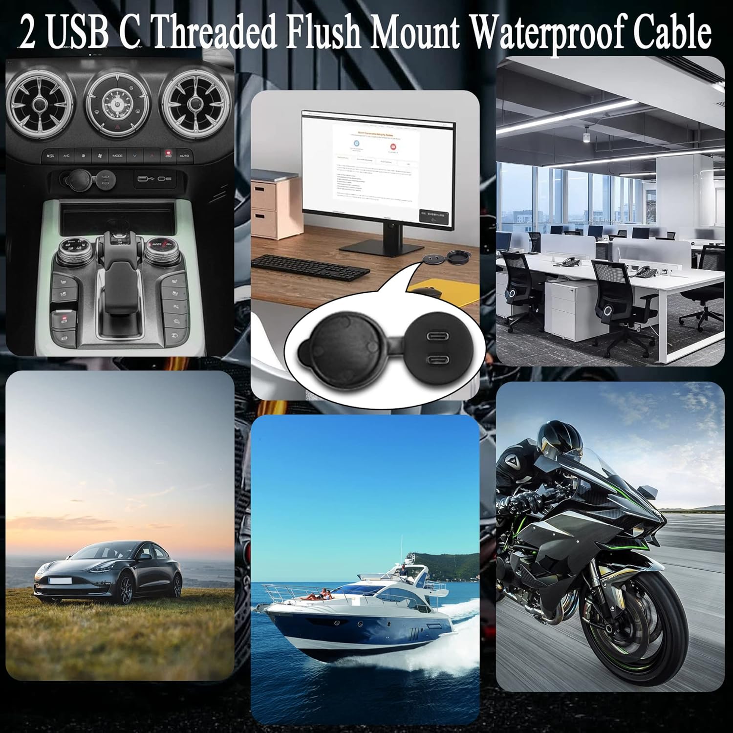 QIANRENON 2 USB C roscado montaje empotrado cable impermeable doble USB C 2.0 macho a hembra montaje en tablero de coche cable de extensión para