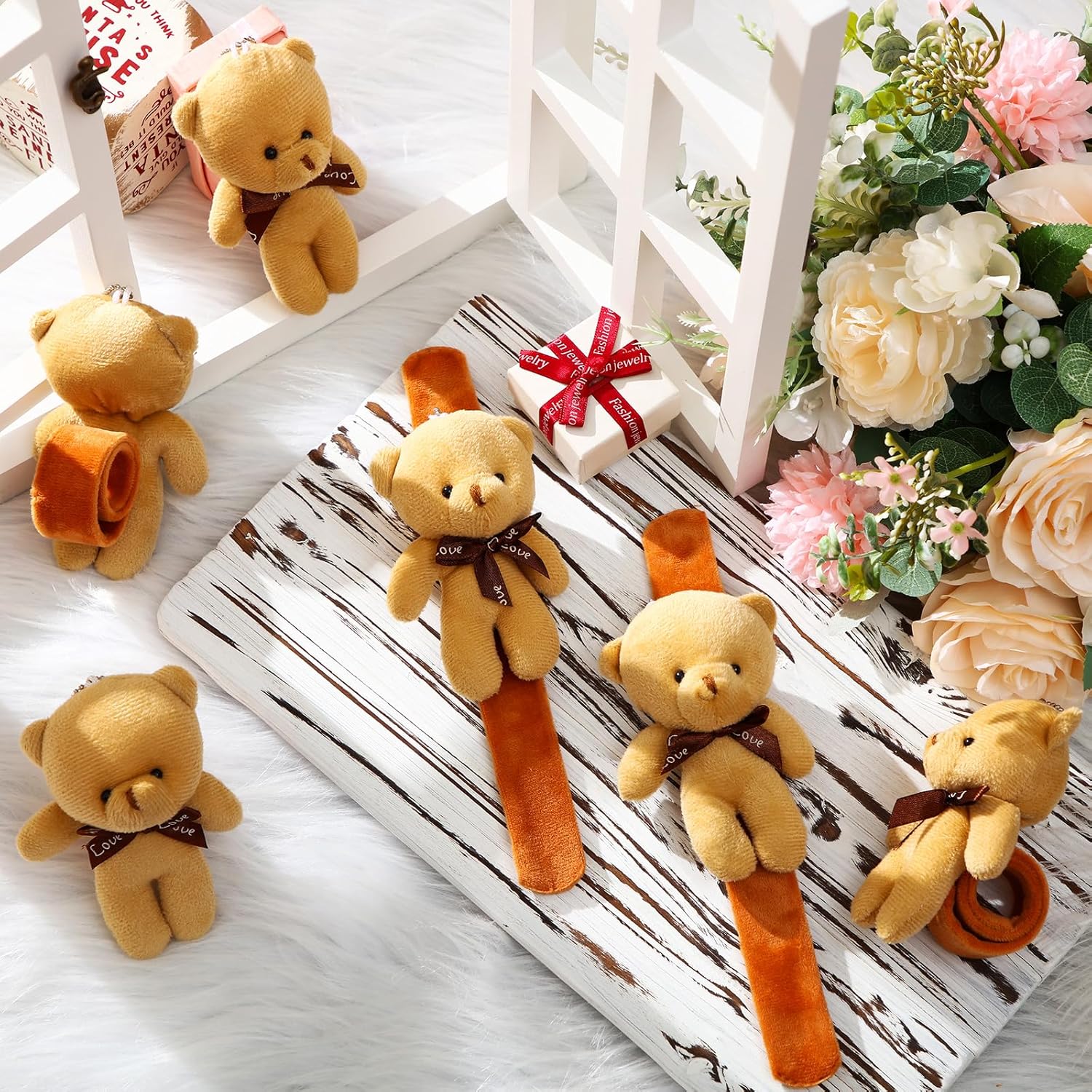 16 pulseras de animales de peluche, pulseras de oso de peluche para cachorros, de 8.66 pulgadas, adorables pulseras de muñeca a granel para el día