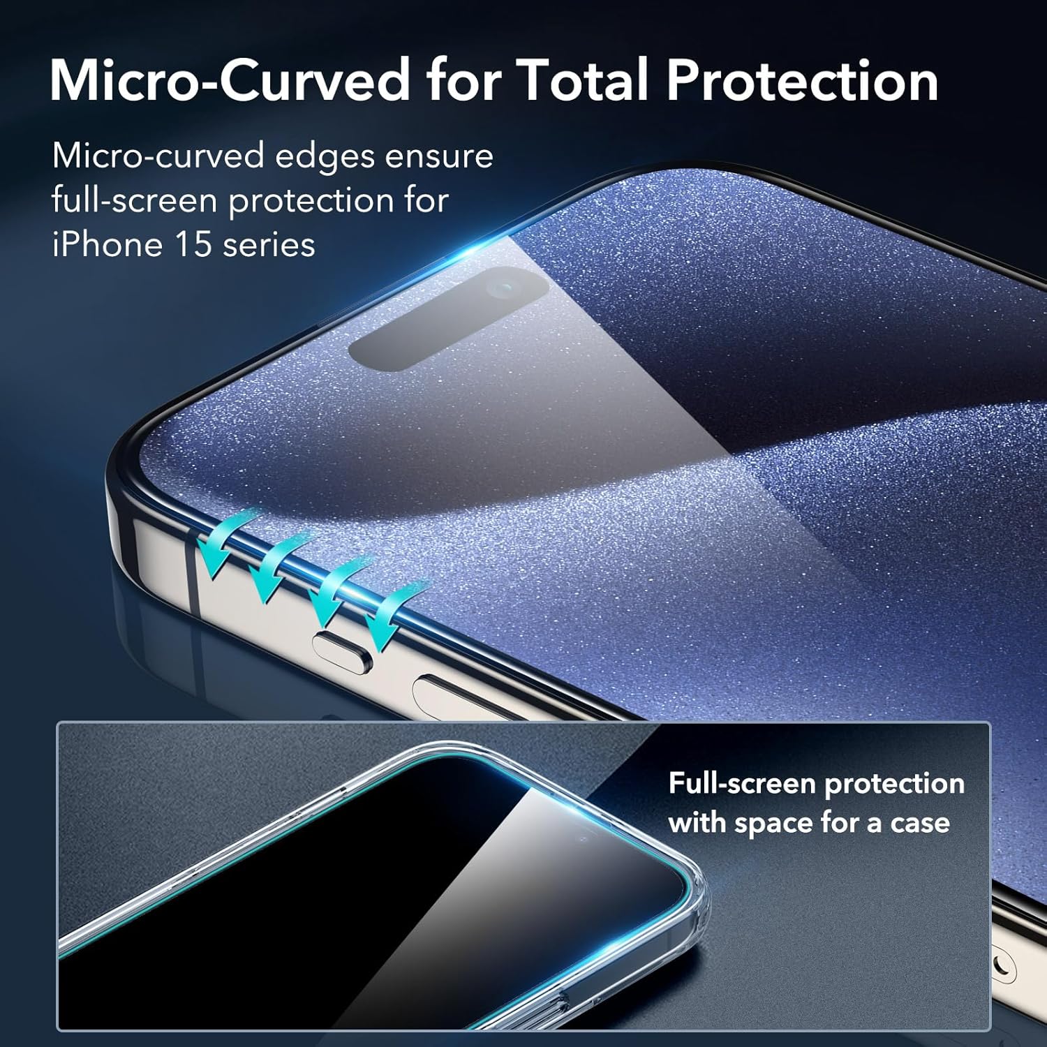 ESR Juego de 3+1 protector de pantalla Armorite para iPhone 15 Pro Max, vidrio templado ultra resistente, marco de fácil instalación, paquete de 3