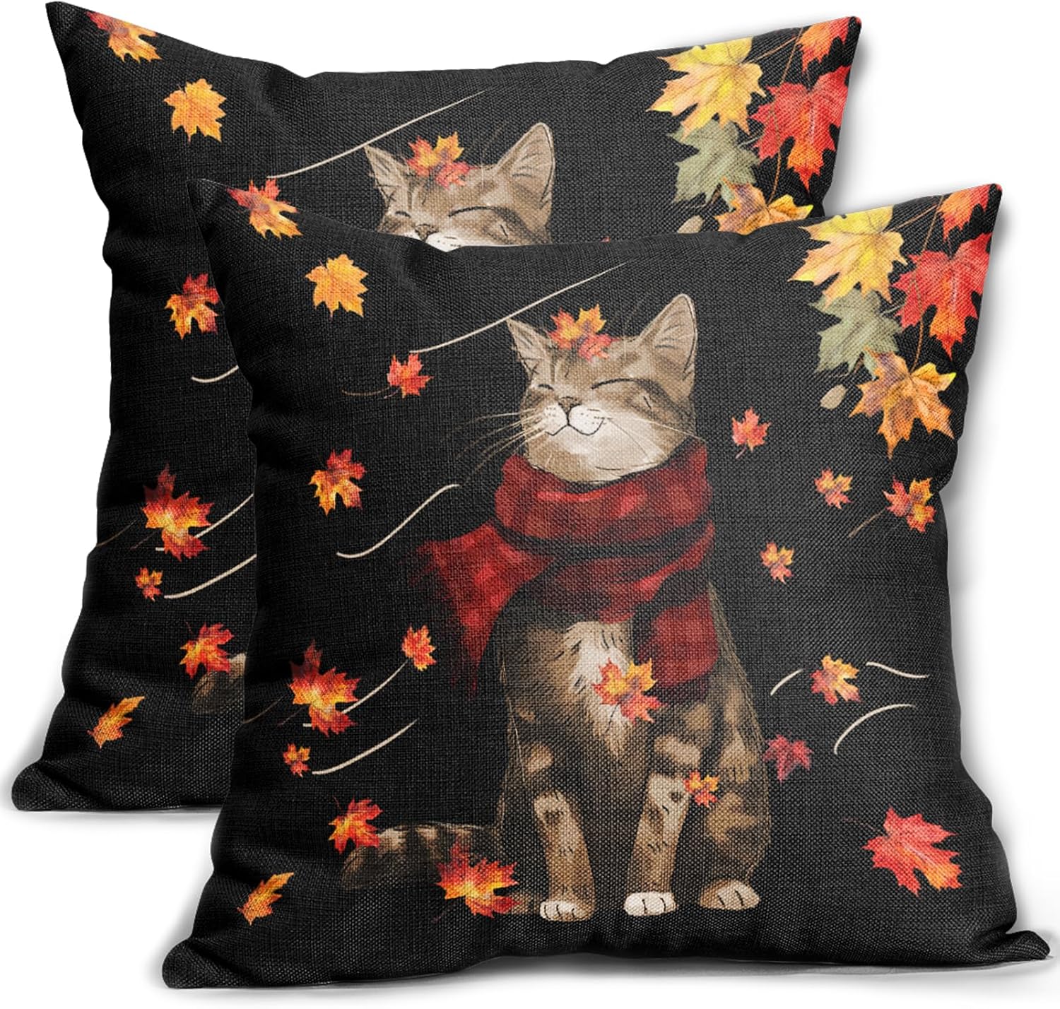 Juego de 2 fundas de almohada de gato de otoño de 16 x 16 pulgadas, diseño de hojas de arce con fondo negro, fundas de almohada decorativas para