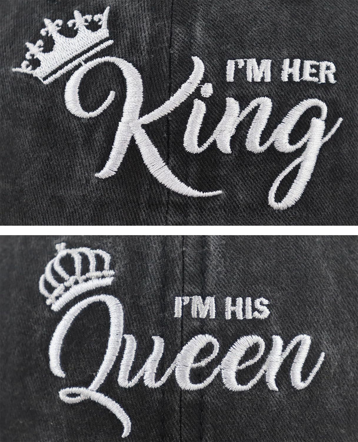 2 gorras con texto en inglés “I I’m Her King and I’m His Queen” para hombres y mujeres, ajustable de algodón lavado a juego para bodas, parejas,