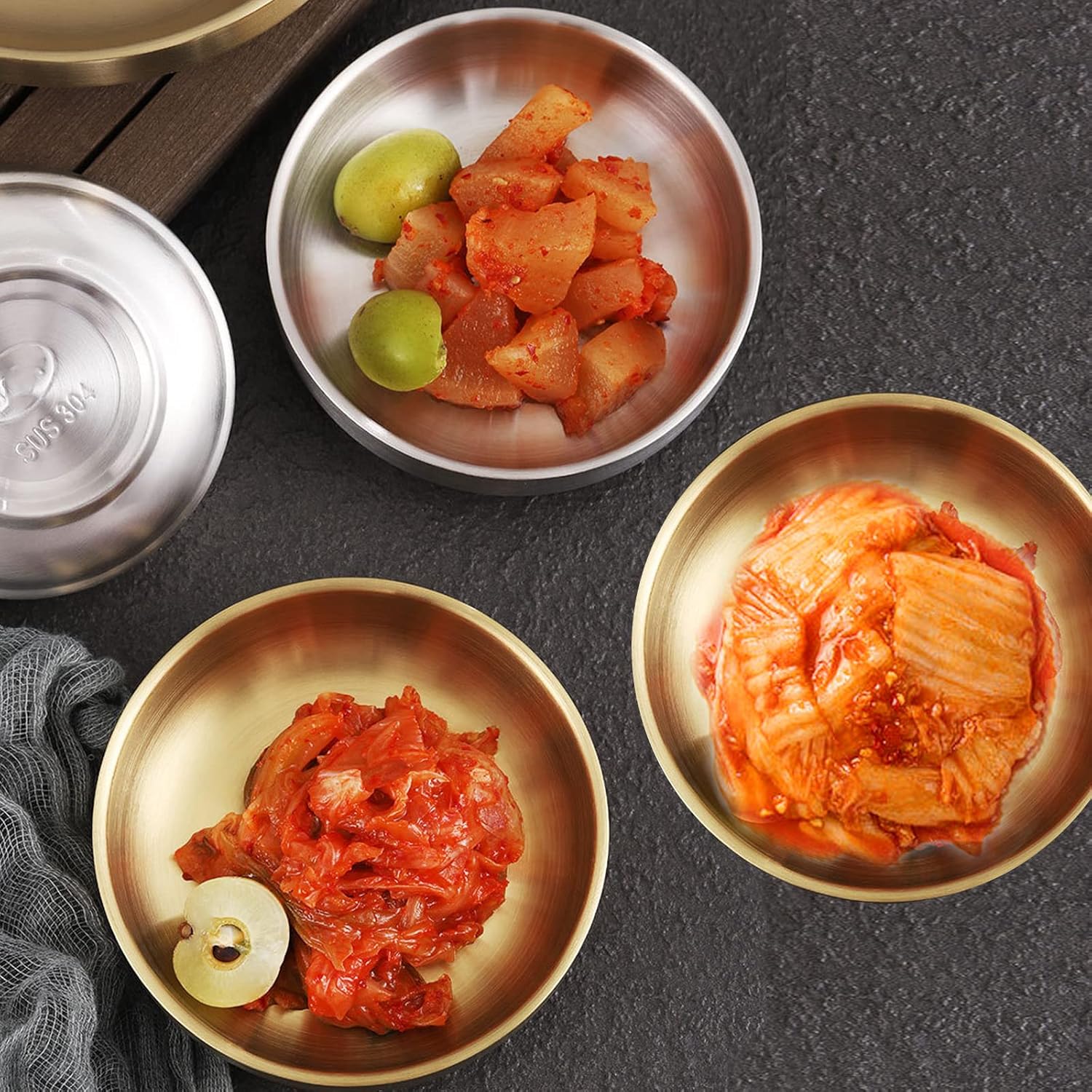 4 platos grandes de acero inoxidable para salsa de 4.7 pulgadas, platos de doble cubierta, platos de acero inoxidable 304 de 4.3 onzas para aceite,
