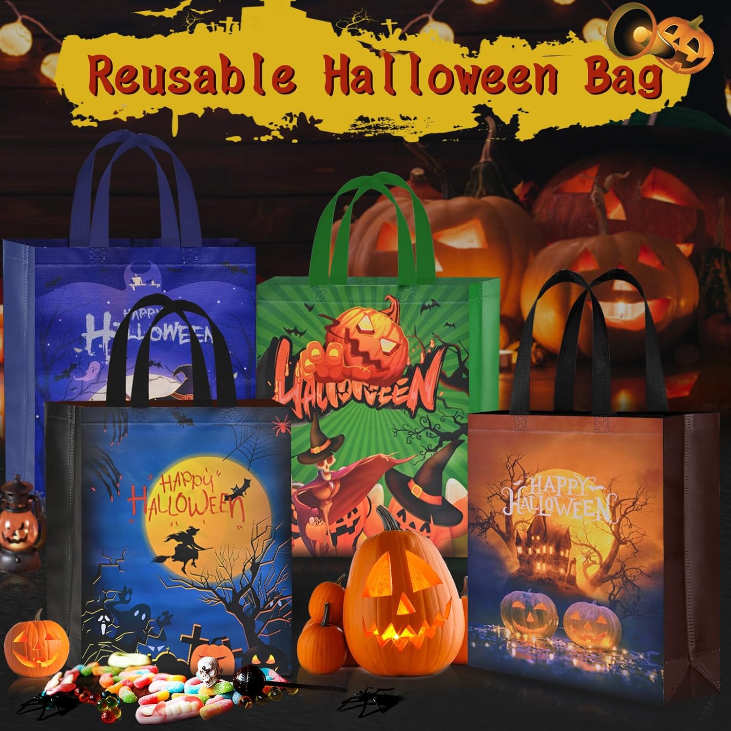 AhfuLife 12 bolsas de Halloween para dulce o truco, bolsas grandes de dulces de Halloween con asas para niños, bolsas de regalo reutilizables de