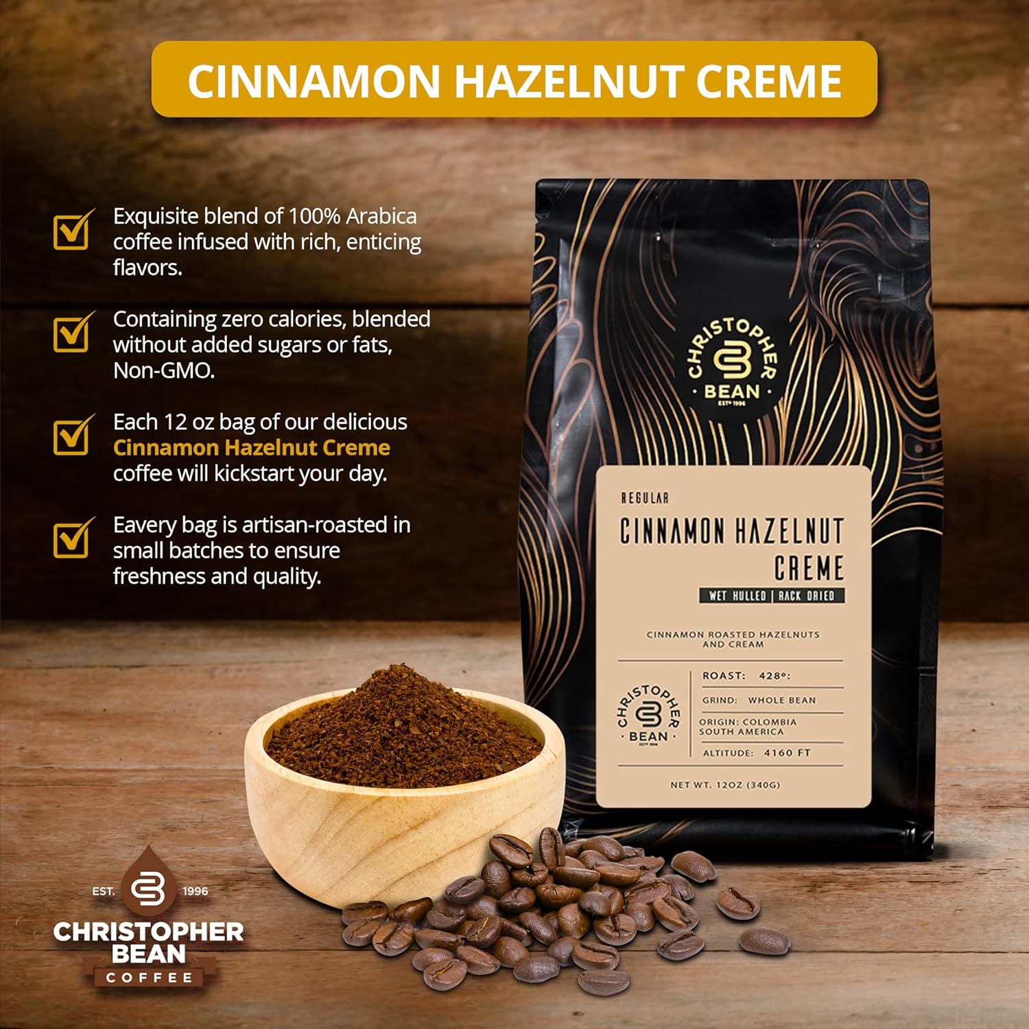 Christopher Bean Coffee – Café con sabor a crema de avellana y canela (grano entero normal) 100% arábica, sin azúcar, sin grasas, hecho con sabores