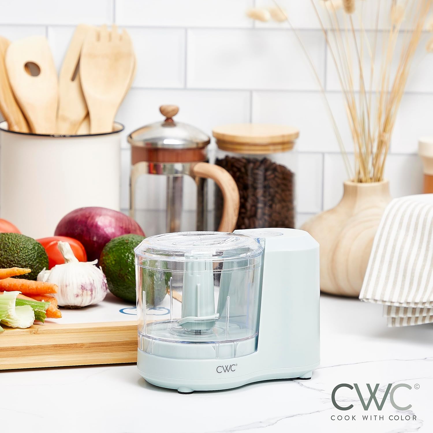 Cook with Color Precisión sin esfuerzo mini picadora de alimentos con cuchillas de acero inoxidable para verduras muy picadas, 1.5 tazas, salvia