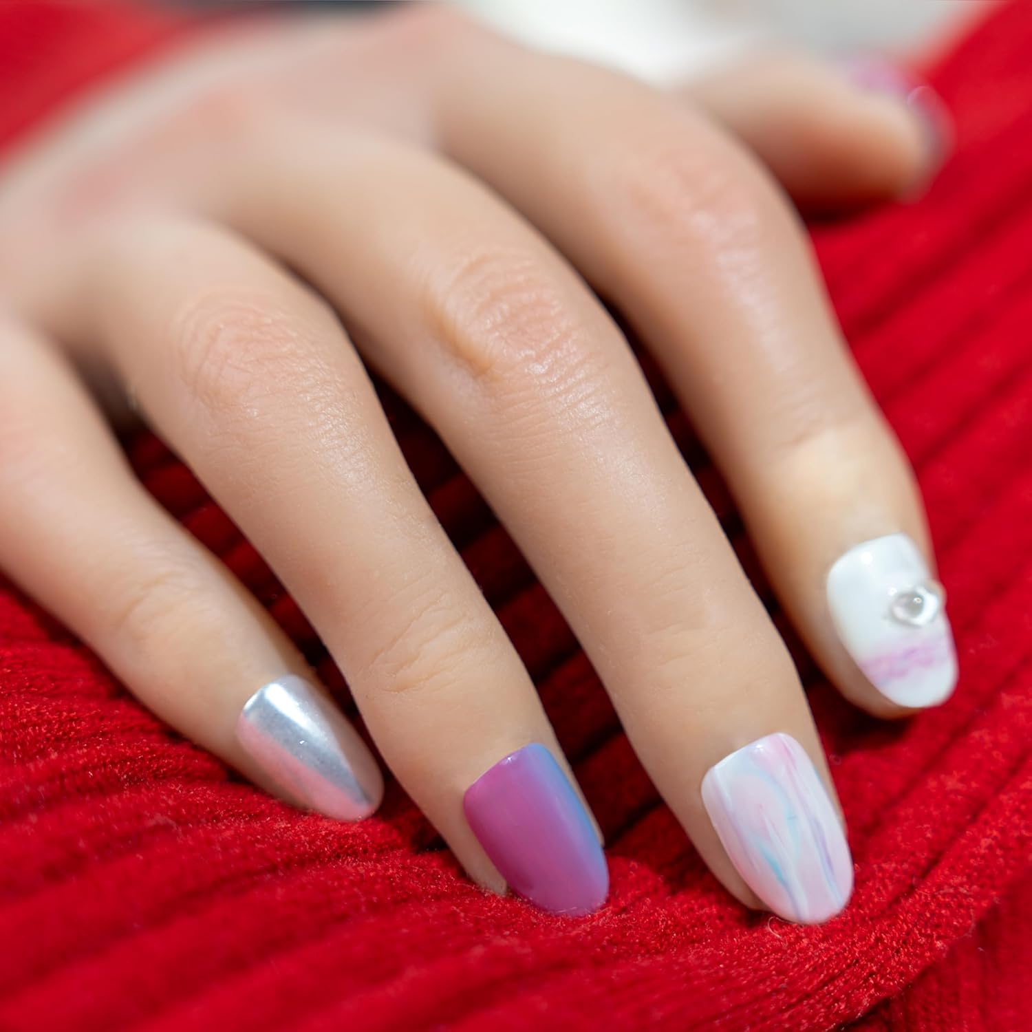 VRAIKO Uñas postizas a presión, color lago coral, hechas a mano, cortas, redondas, diseño artístico, acabado UV, acrílico grueso y uñas postizas de