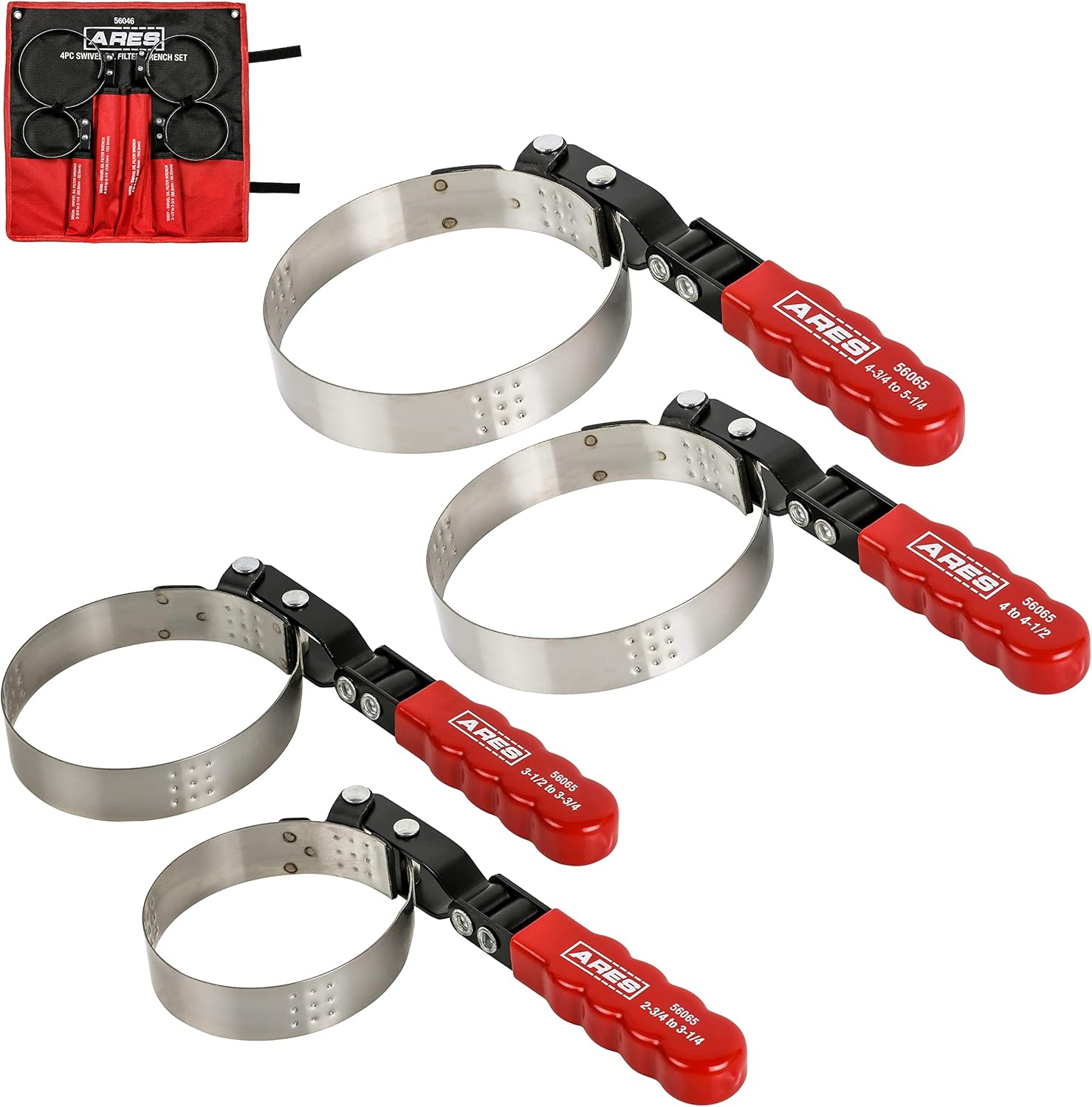 ARES 56065 – Juego de 4 llaves giratorias para filtro de aceite con bolsa de almacenamiento  Llaves de 2 34 pulgadas a 5 14 pulgadas (2.756 in a
