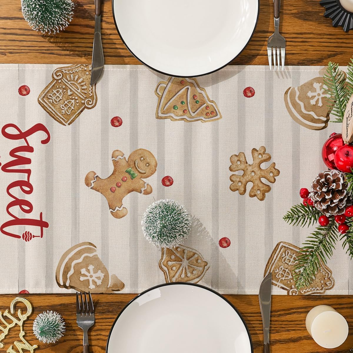 Siilues Camino de mesa de Navidad, decoración navideña de pan de jengibre, helado, dulce camino de Navidad para mesa, decoración de vacaciones de