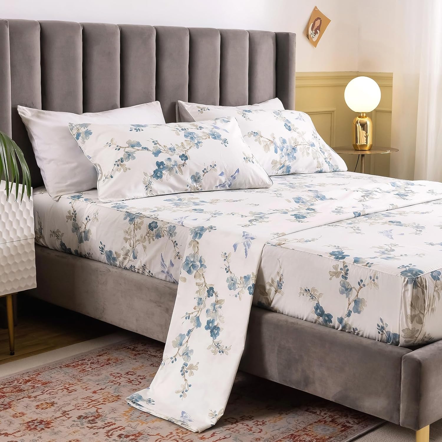 QSH Juego de 2 fundas de almohada 100 % de algodón egipcio con estampado de flores de pájaros azules para cama Queen, fundas de almohada con cierre