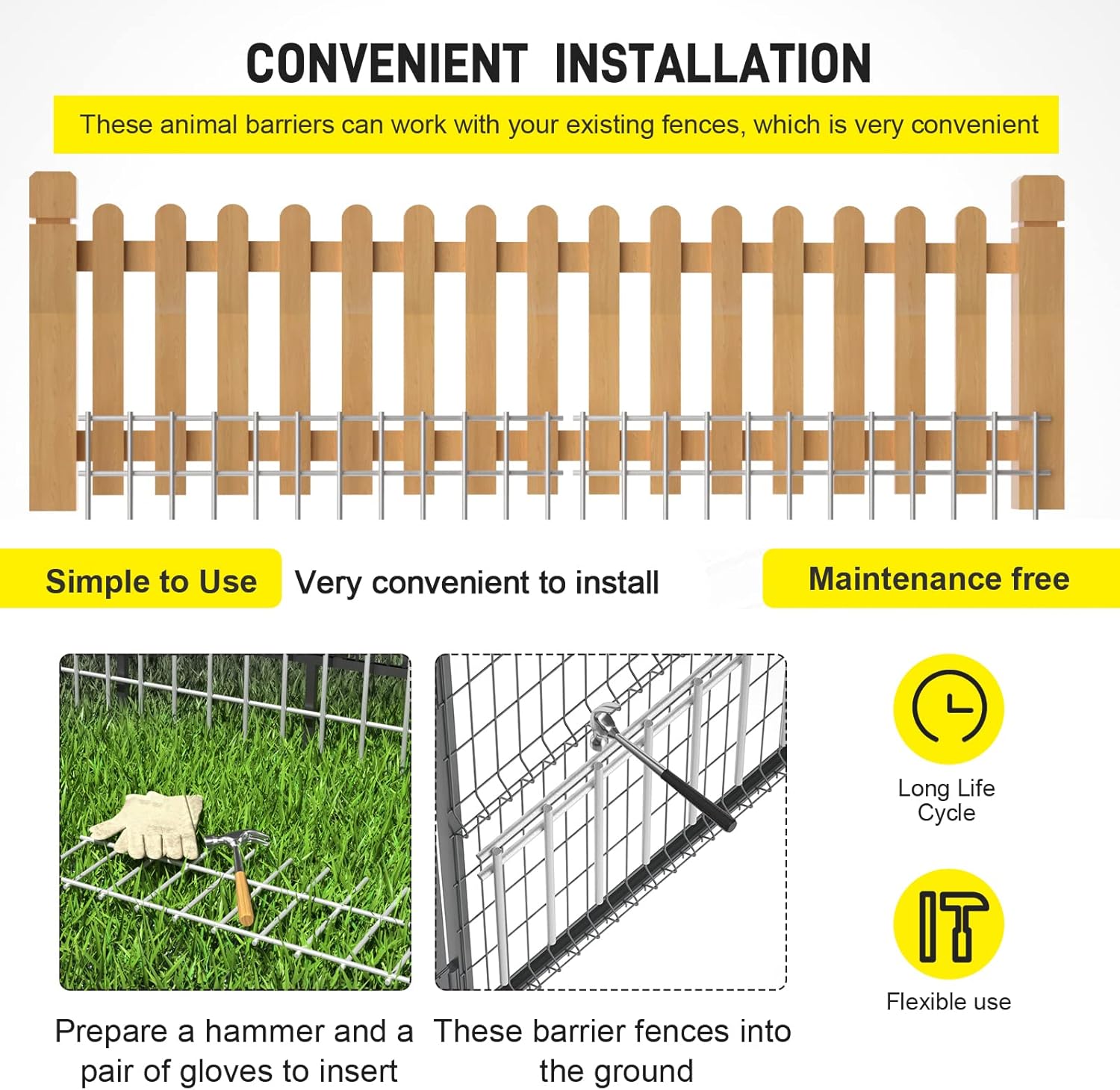 Paquete de 4 vallas de barrera de animales subterráneas decorativas para jardín de 20 x 15 pulgadas, 4 calibres de acero galvanizado, estacas de
