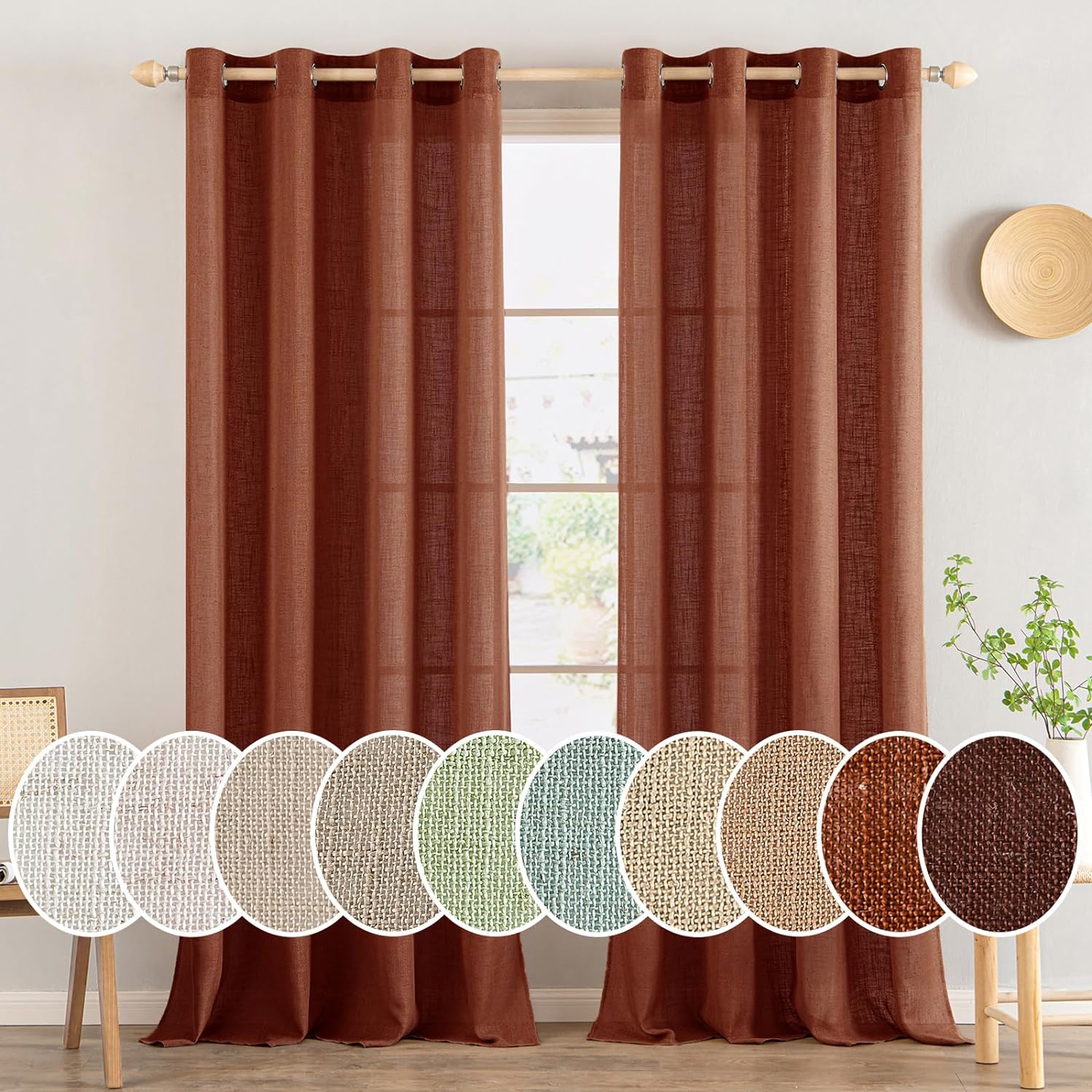 MIULEE Cortinas de lino terracota de 90 pulgadas de largo, 2 paneles para dormitorio, sala de estar, cortinas de lino suave y grueso, cortinas de