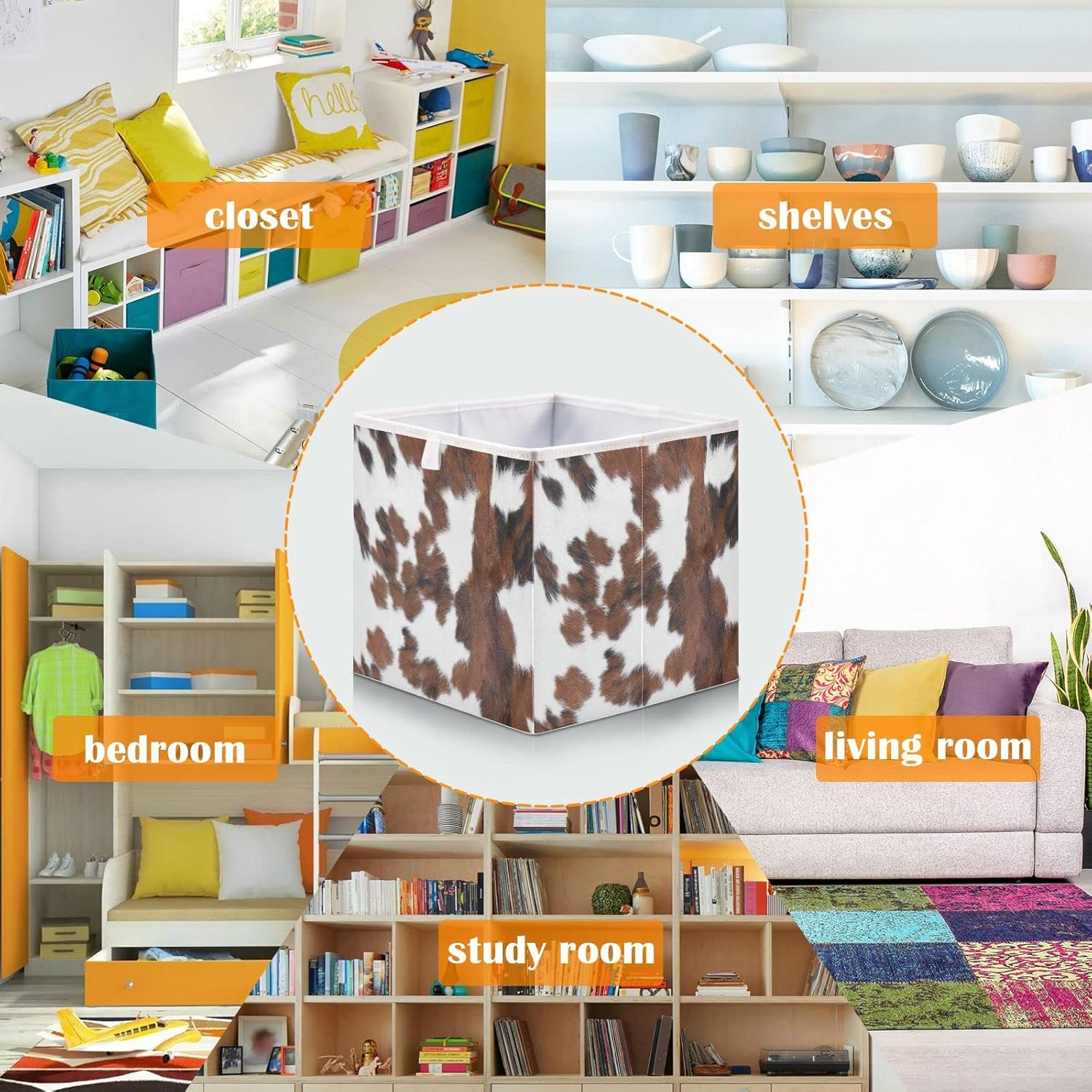 Kigai Cubo de almacenamiento plegable con estampado de vaca blanca y marrón, caja de almacenamiento de juguetes para organizar el hogar, estantes,