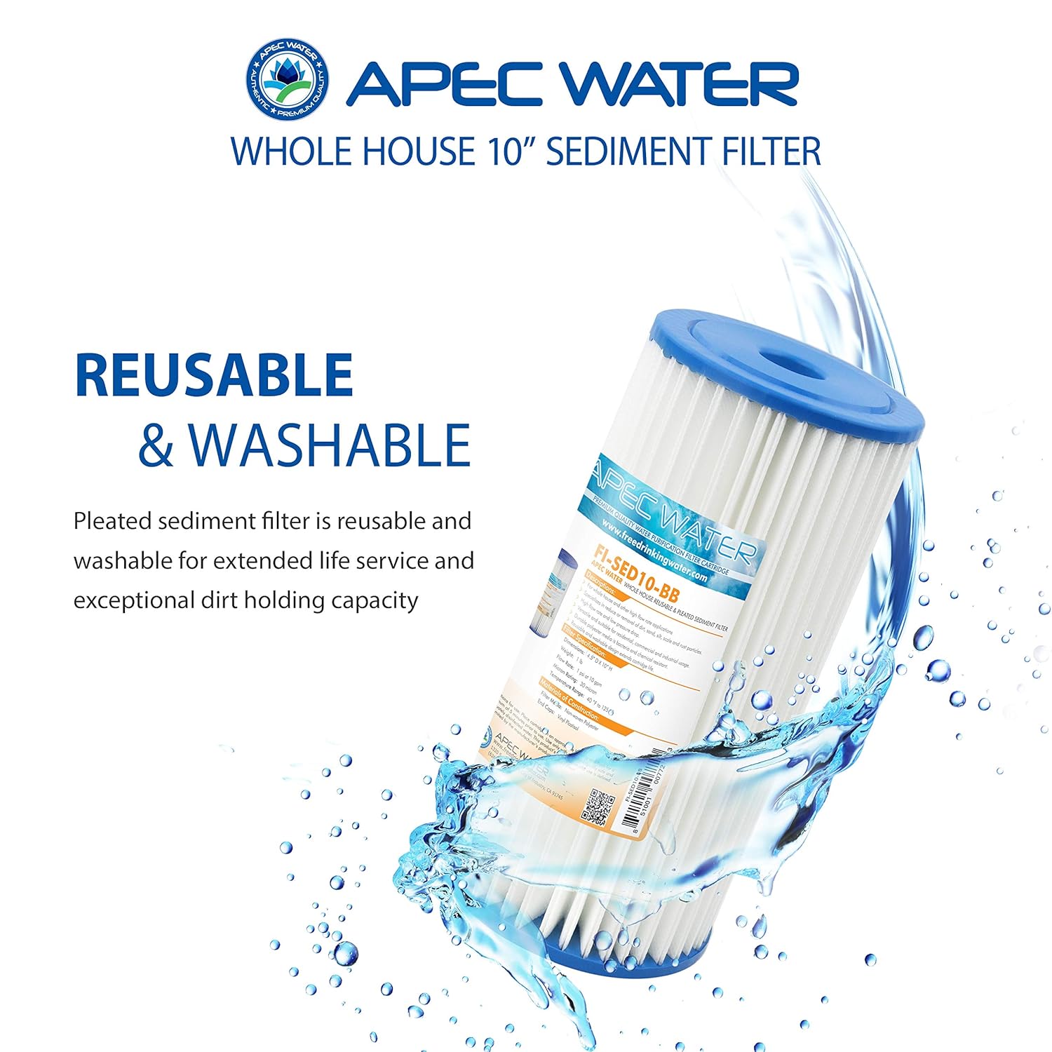 APEC Water Systems CB1-SED10-BB – Filtro de agua de sedimentos para toda la casa, sistema de filtración para el hogar, color azul