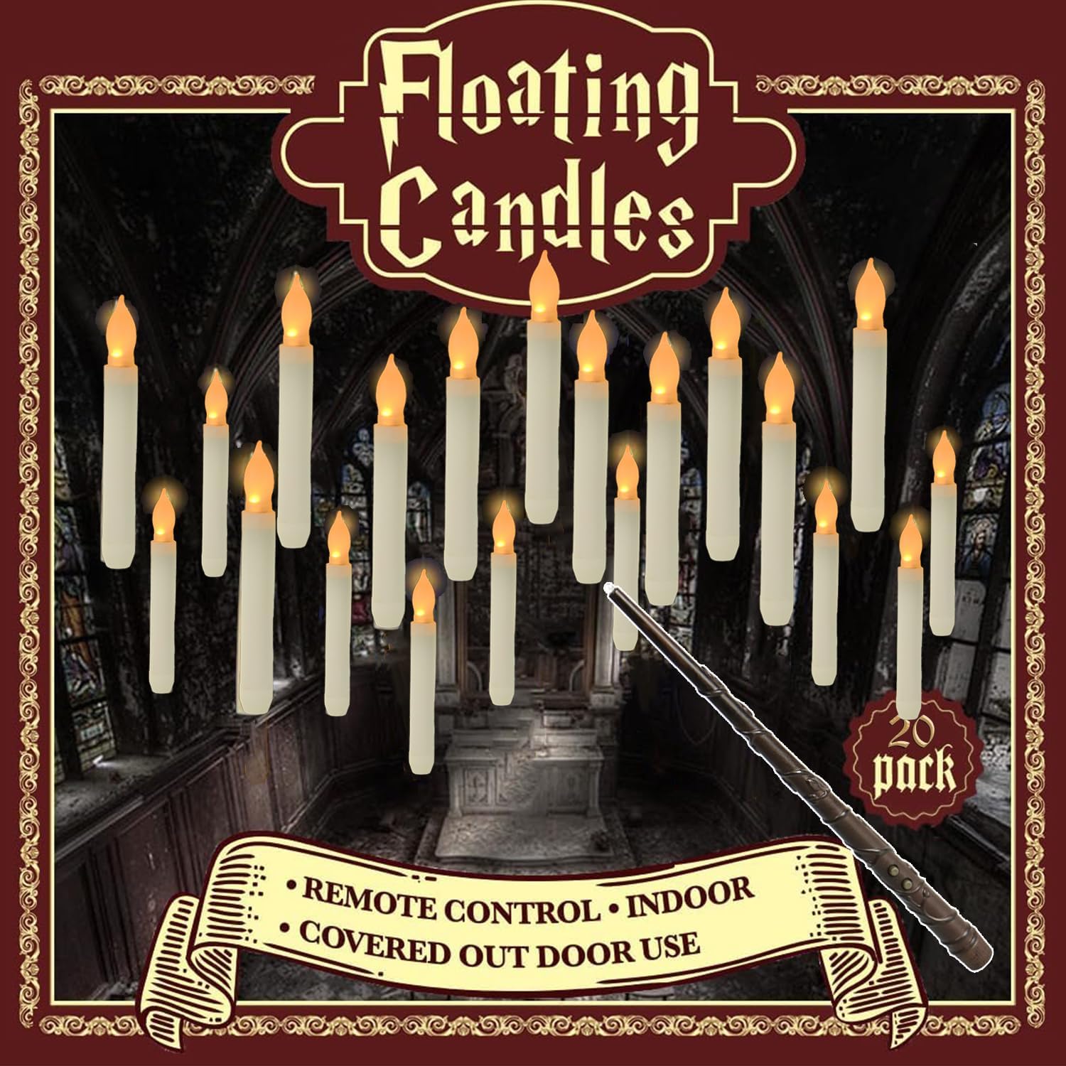 20 velas colgantes de Navidad con control remoto de varita, velas flotantes de techo que funcionan con pilas, velas cónicas voladoras de 6.5