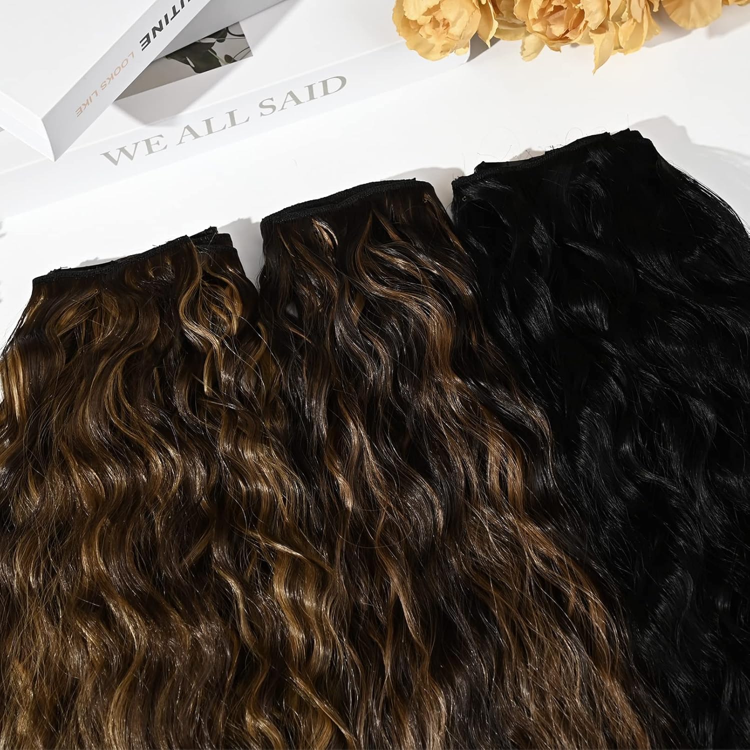 YOGFIT Extensiones de cabello sintético largo y ondulado con clip, de 24 pulgadas, 6 unidades, balayage, color marrón oscuro, grueso, fibra