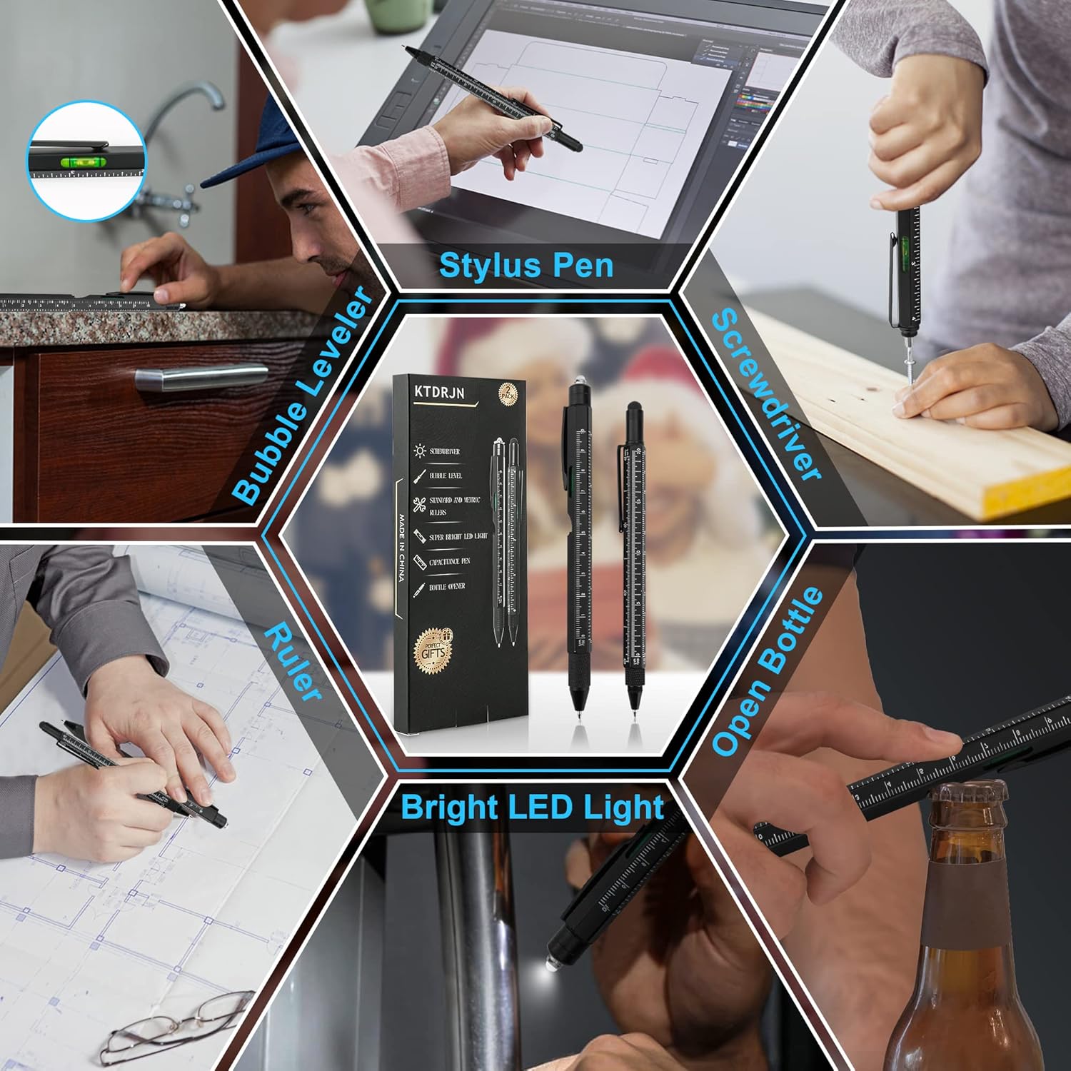 Herramientas para hombres, gadgets geniales, paquete de 2 bolígrafos multiherramientas 9 en 1 con luz LED, lápiz capacitivo para pantalla táctil,