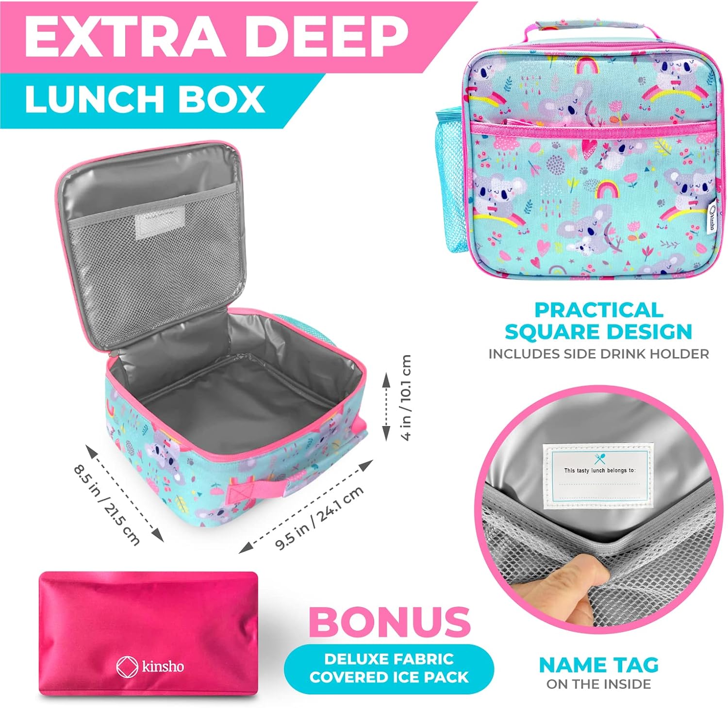 kinsho Lonchera para niños con bolsa de hielo, lonchera aislada para niñas pequeñas, guardería, preescolar, cajas grandes para almuerzos infantiles,