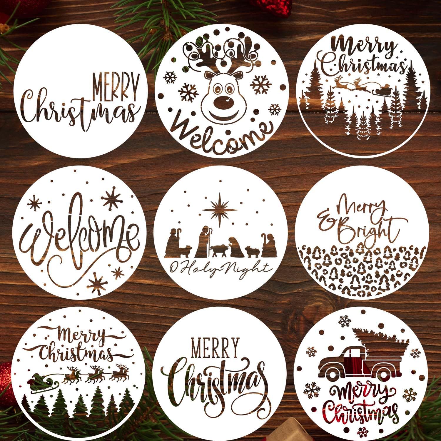 Plantillas navideñas de 12 pulgadas para madera, plantillas redondas de Navidad para pintar plantillas de vacaciones, plantillas de dibujo de Feliz