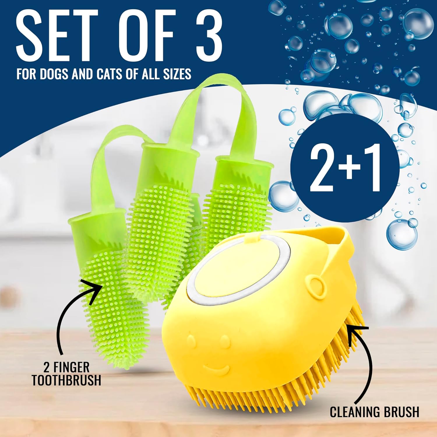 Cepillo de dientes para dedos de perro, cepillo de champú para perros, accesorios para perros cepillo de baño para perros 3 en 1 y kit de cepillo de