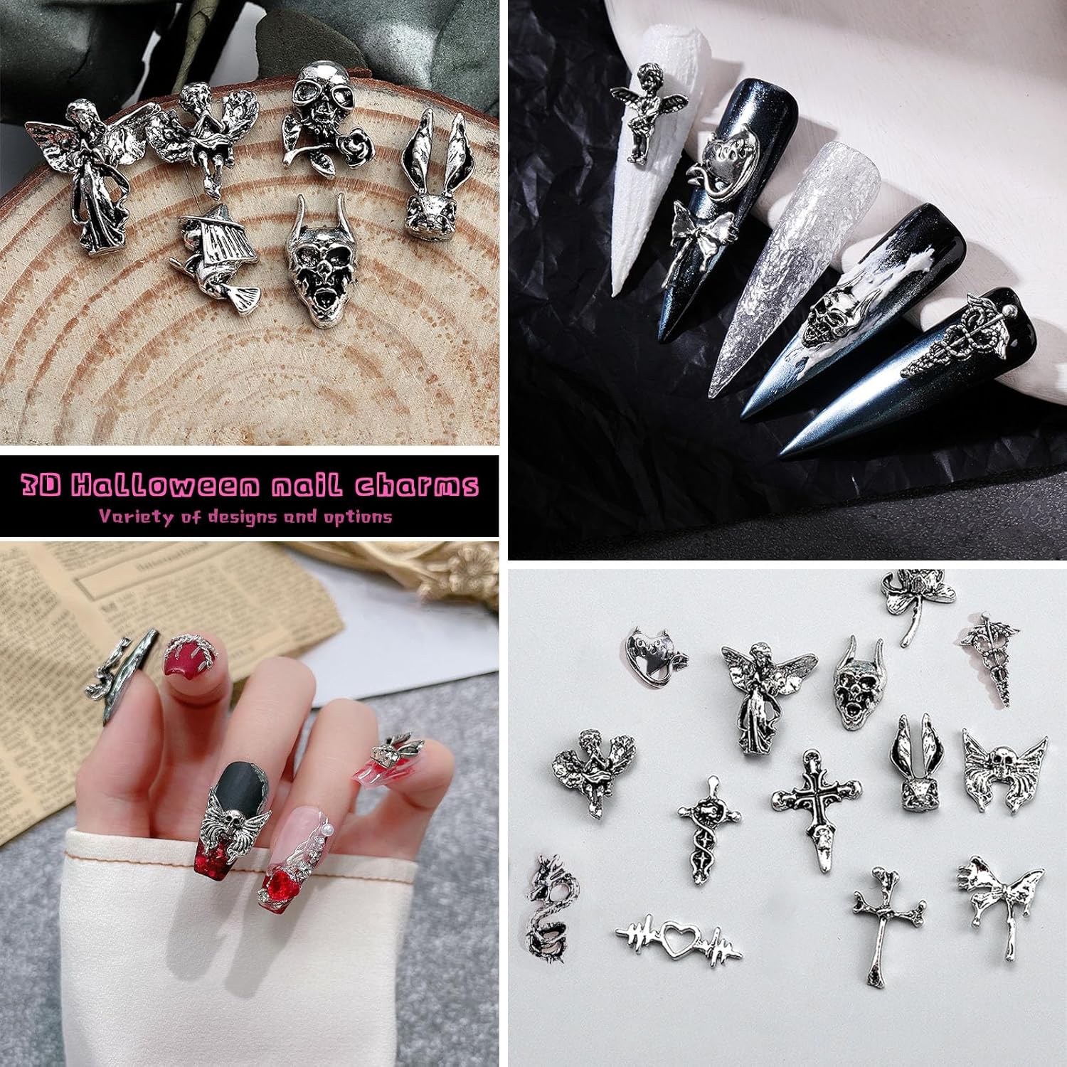 130 dijes de uñas de metal plateado 3D Y2K para uñas cromadas y accesorios de pulsera punk, aleación vintage, mariposa, cruz, corazón, cráneo,