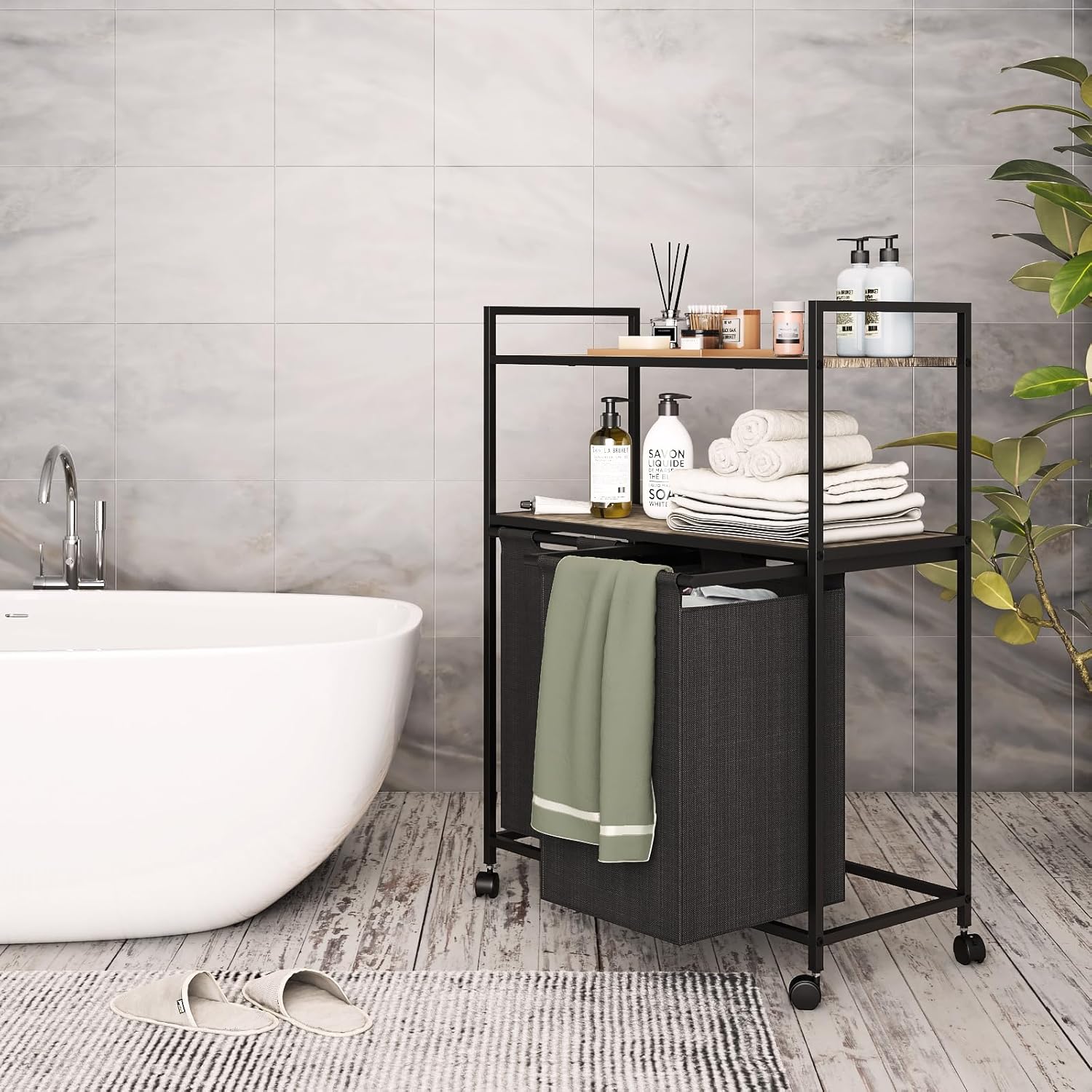 Huhaneon Cesta de lavandería con ruedas, cesta de lavandería, muebles de baño con 2 bolsas extraíbles y extraíbles, 2 estantes, capacidad de 12