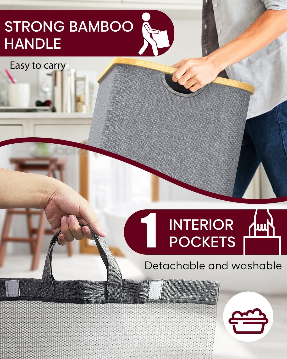 Cesta para la ropa sucia con tapa, cesta grande para la lavandería, cesta de ropa sucia, plegable y ahorra espacio (gris)