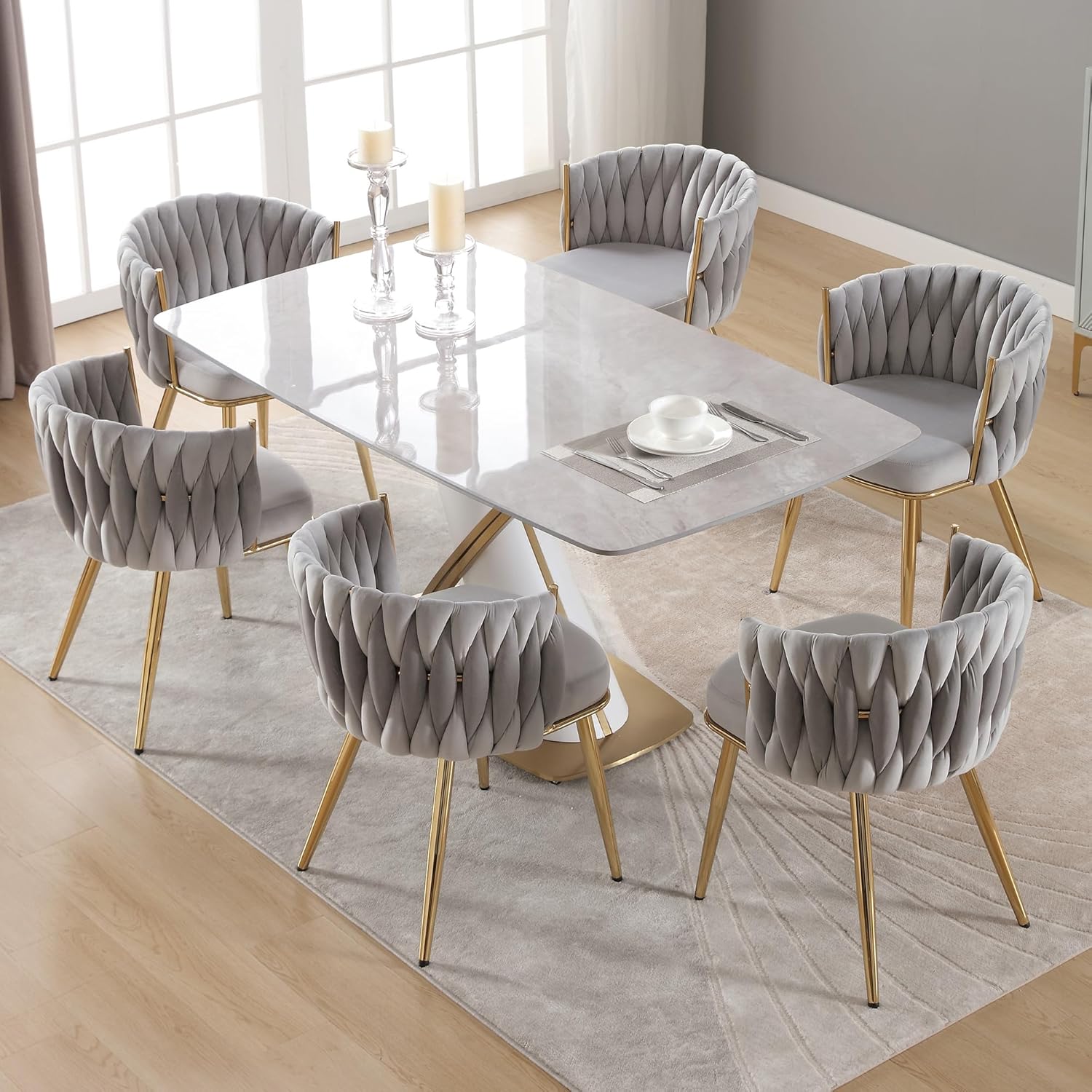 KCC Juego de 2 sillas de comedor de terciopelo, sillas de comedor modernas doradas con patas de metal, sillas de comedor tapizadas tejidas para
