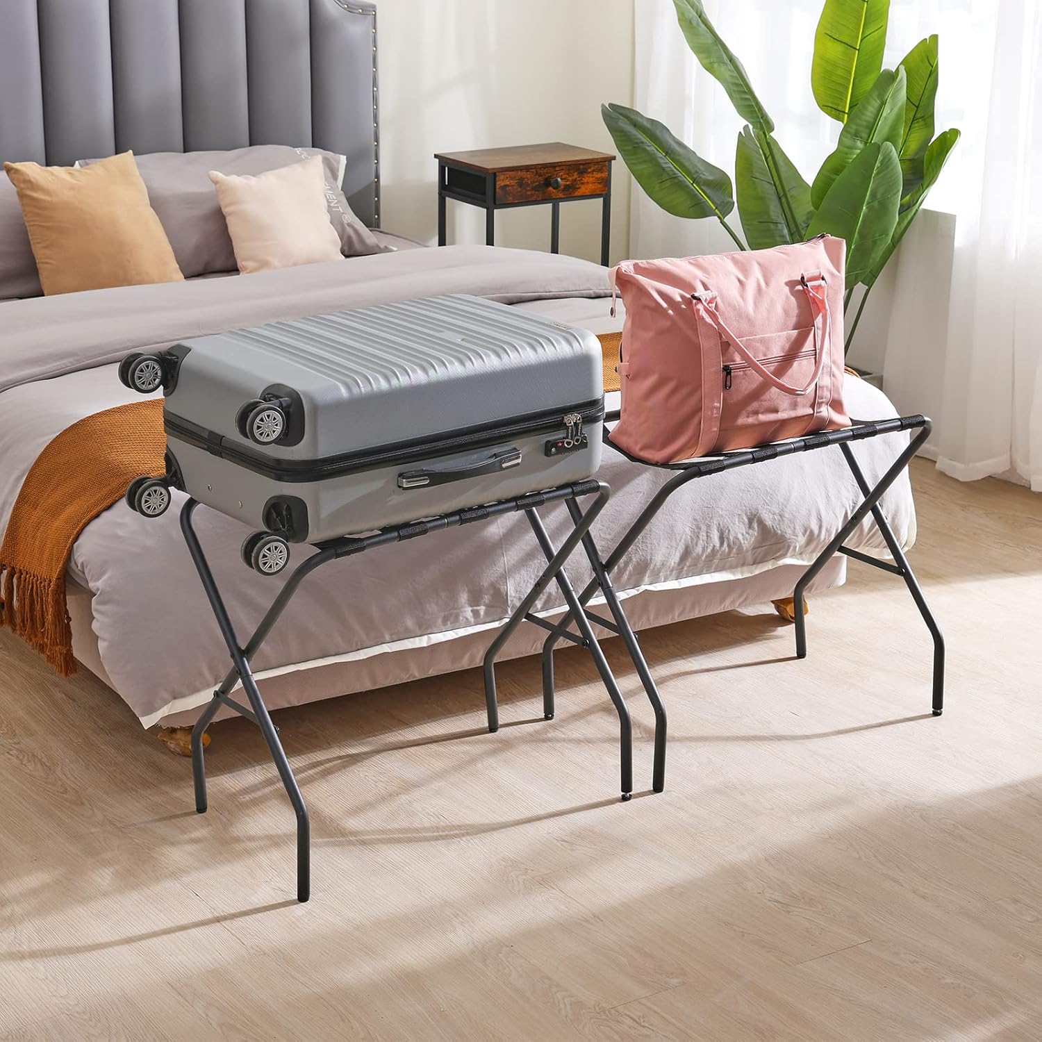 AMHANCIBLE Luggage Rack, Foldable Suitcase Stands Set of 2, Metal Luggage Holder for Guest Room, Bedroom, Hotel, Holds up to 110 lb, Easy Assemble,