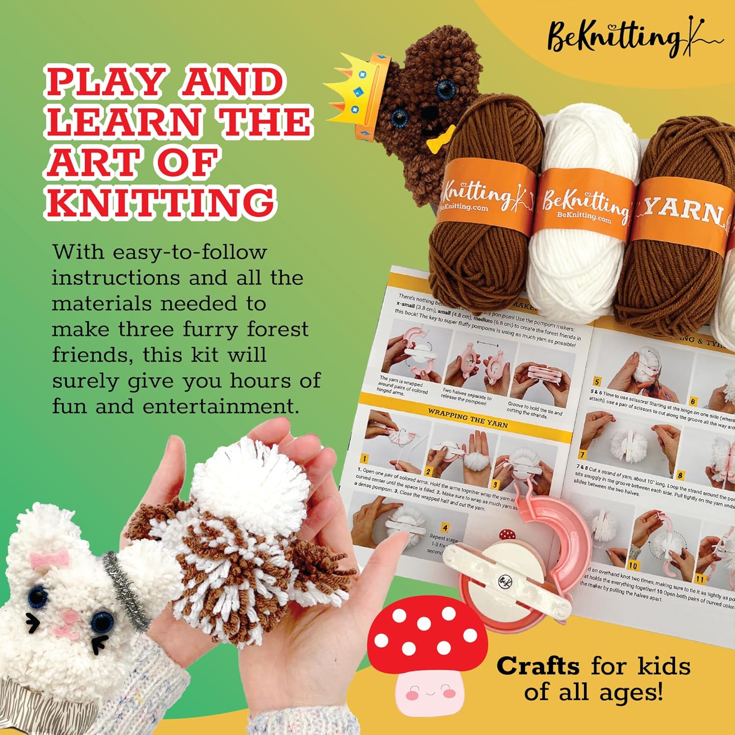BeKnitting Kit de manualidades para hacer pompones para niños, completo con hilo, fabricantes de pompones y calcomanías