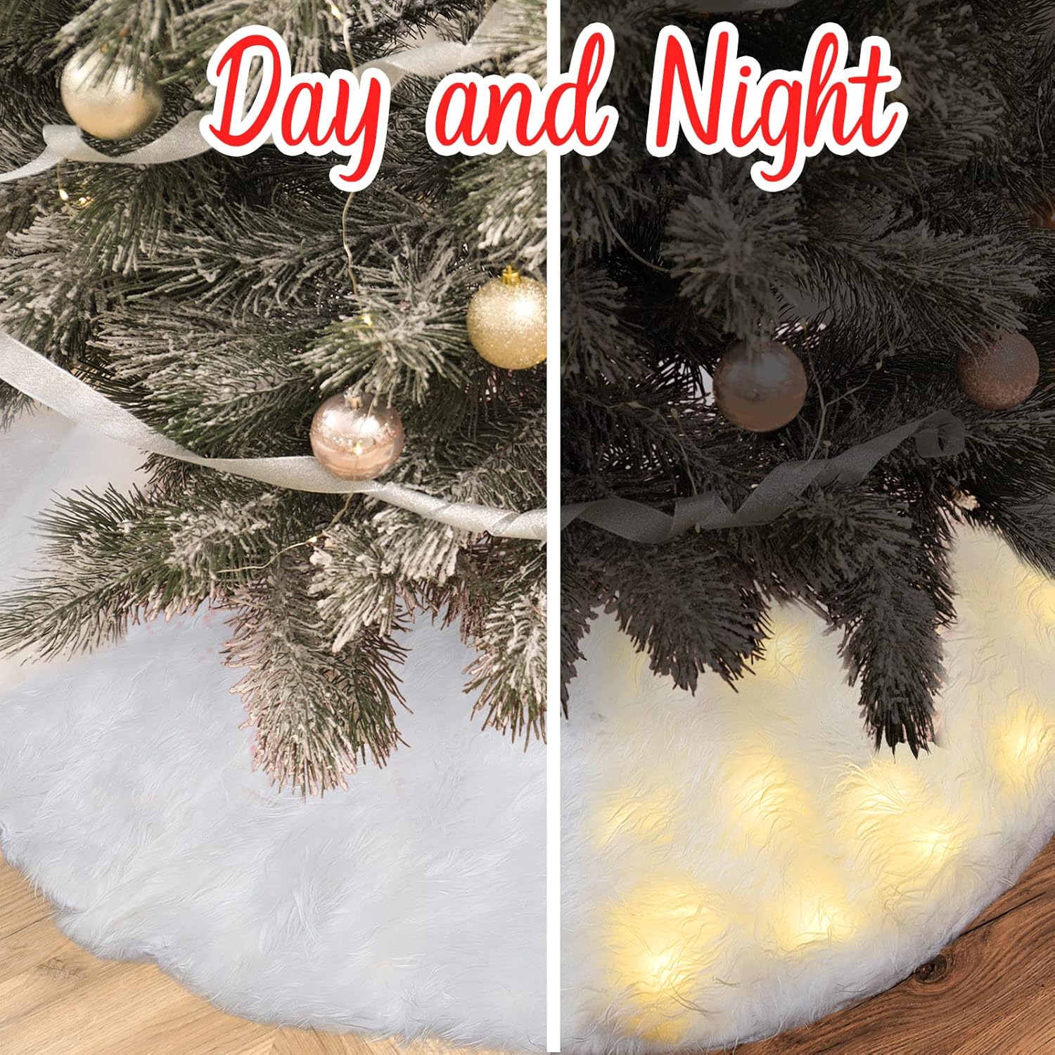 Falda de árbol de Navidad con luz LED, falda de árbol de piel sintética de felpa blanca iluminada, manta de nieve de Navidad para decoración de