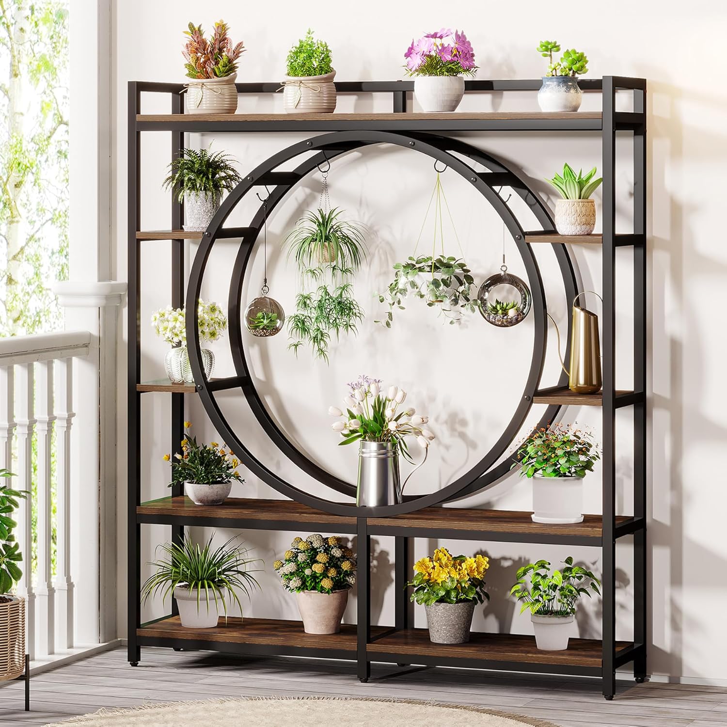 Tribesigns Soporte alto para plantas de 5 niveles para interiores, soporte de metal grande de 59 pulgadas de ancho con 4 ganchos para colgar,
